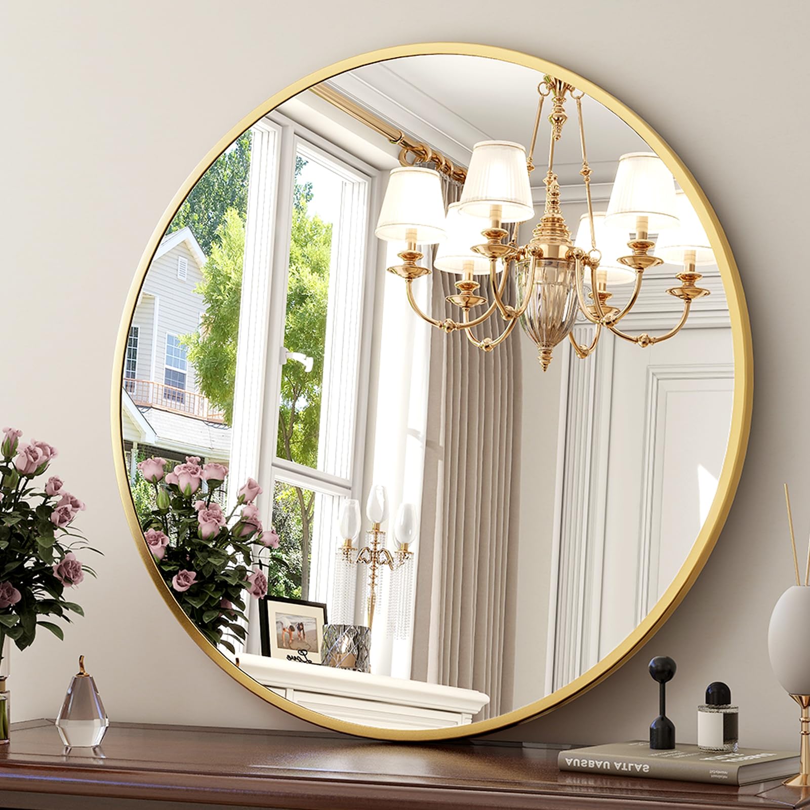 XRAMFY 36 Inch Round Gold Metal Wall Mirror - Stylish Circle Mirror for Entryway, Bathroom, and Living Room Decor | Matte Gold Circle Wall Mirror