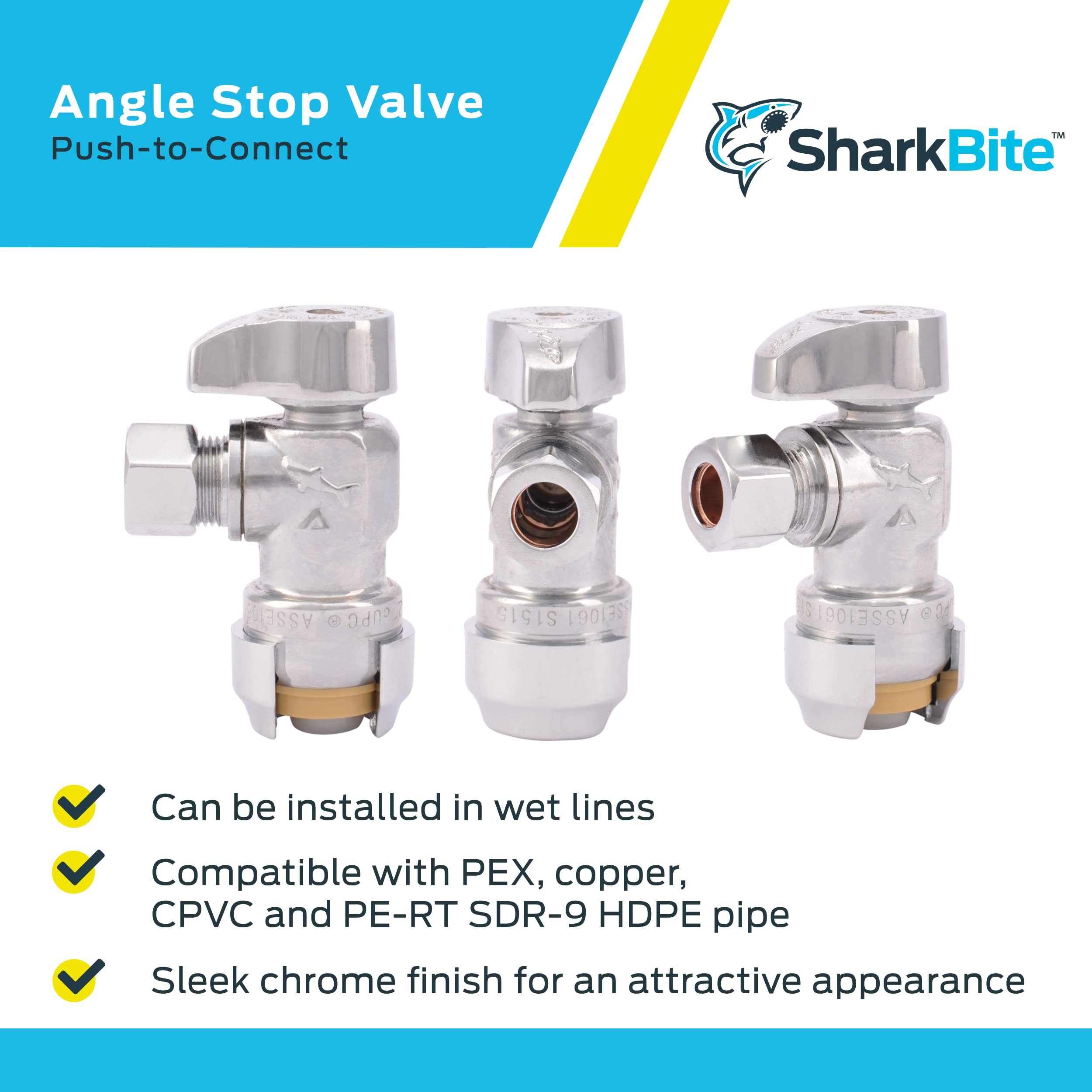 SharkBite 1/2 x 3/8 Inch Compression Angle Stop Valve, Quarter Turn, Push to Connect Brass Plumbing Fitting, PEX Pipe, Copper, CPVC, PE-RT, HDPE, 23036-0000LF