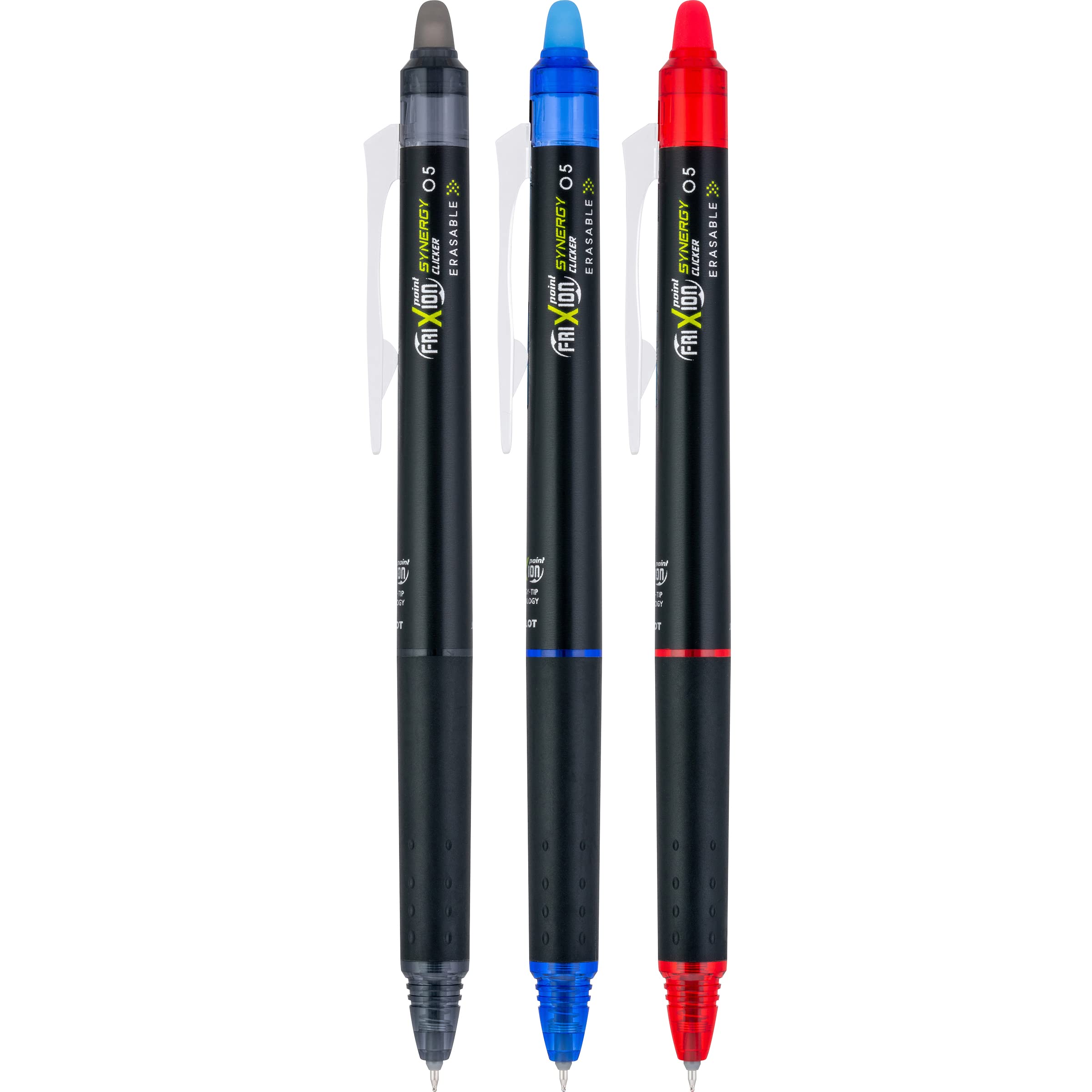 Pilot, FriXion Synergy Clicker Erasable, Refillable, Retractable Gel Ink Pens, Extra Fine Point 0.5 mm, Pack of 3, Black, Blue & Red