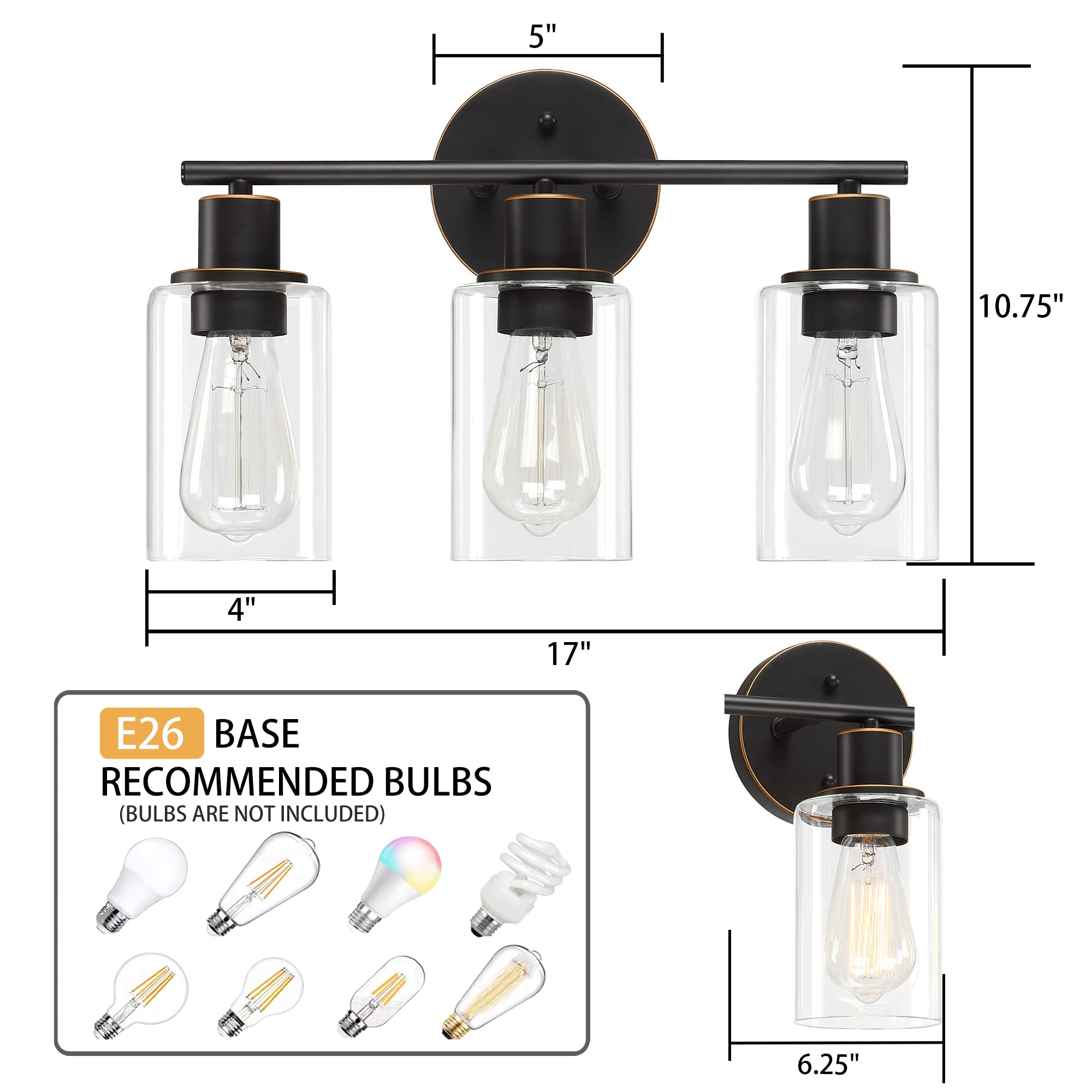 Pia Ricco Bathroom Vanity Light Fixtures, 3-Light Bathroom Wall Lights with Clear Glass Shades, Oil Rubbed Bronze Modern Wall Sconce Over Mirror, Bath Wall Sconces for Living Room Bedroom Hallway