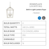 HomePlace Lighting 522741BN Birch Transitional Lantern Foyer Pendant Light, 4-Light 240 Total Watts, 19" H x 11" W, Brushed Nickel