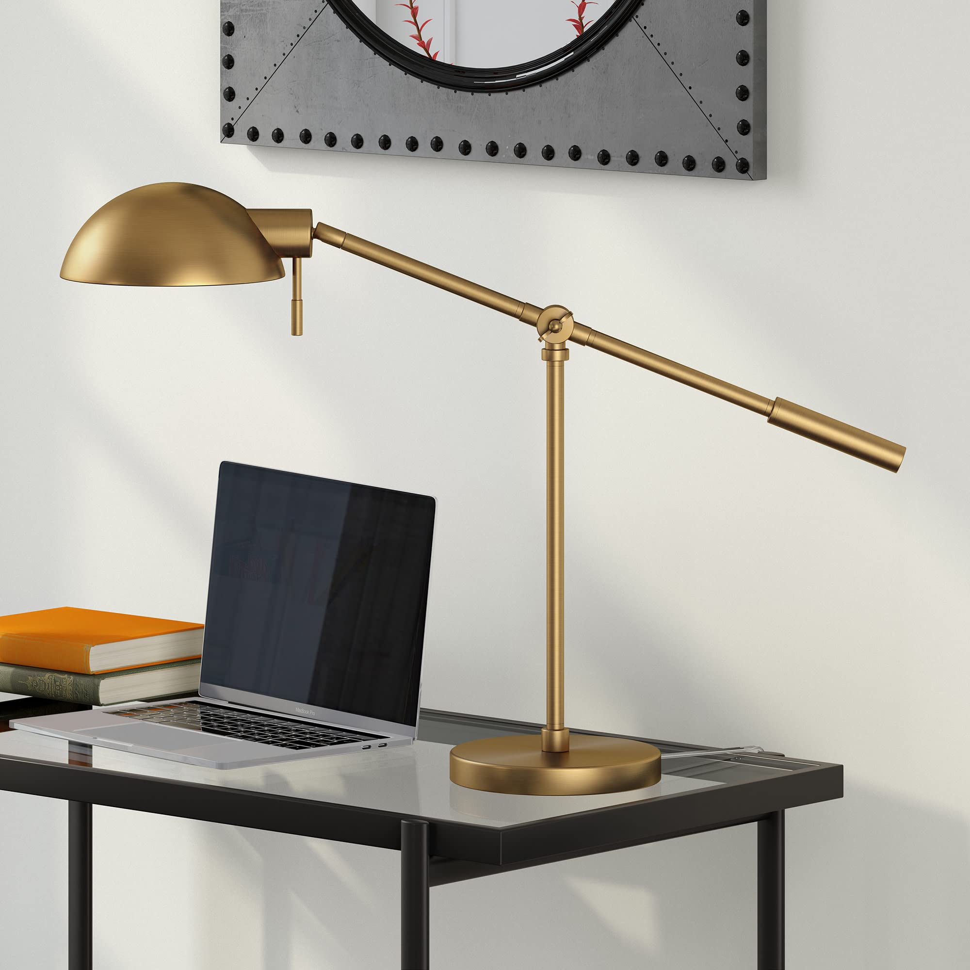 Dexter 23.25" Tall Boom Arm Table Lamp with Metal Shade in Brass/Brass