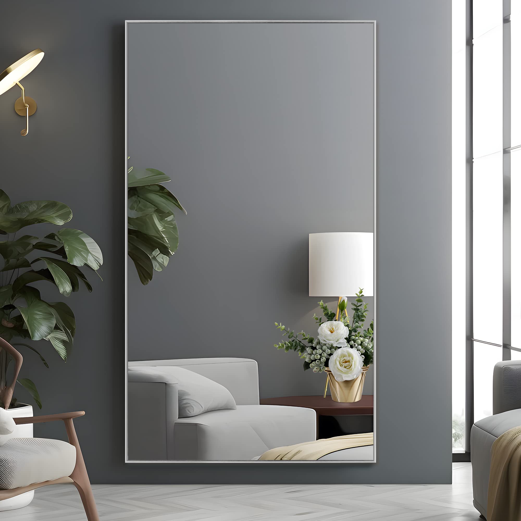 NeuType Large Full Length Mirror 59"x36" Bedroom Mirror Aluminum Alloy Frame Floor Mirror Wall-Mounted Mirror for Living Room, Bedroom, Hanging or Leaning Against Wall, Silver