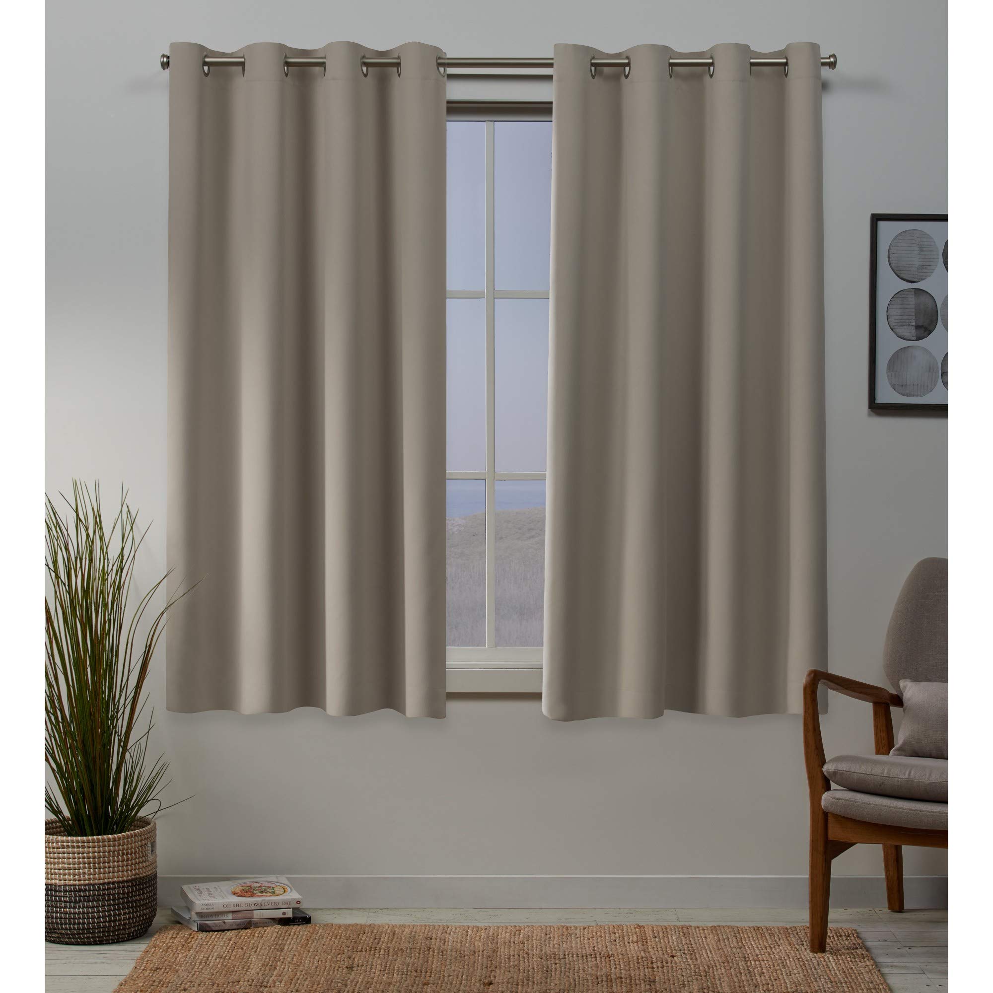 Exclusive Home Sateen Twill Woven Room Darkening Blackout Grommet Top Curtain Panel Pair, 52"x63", Stone