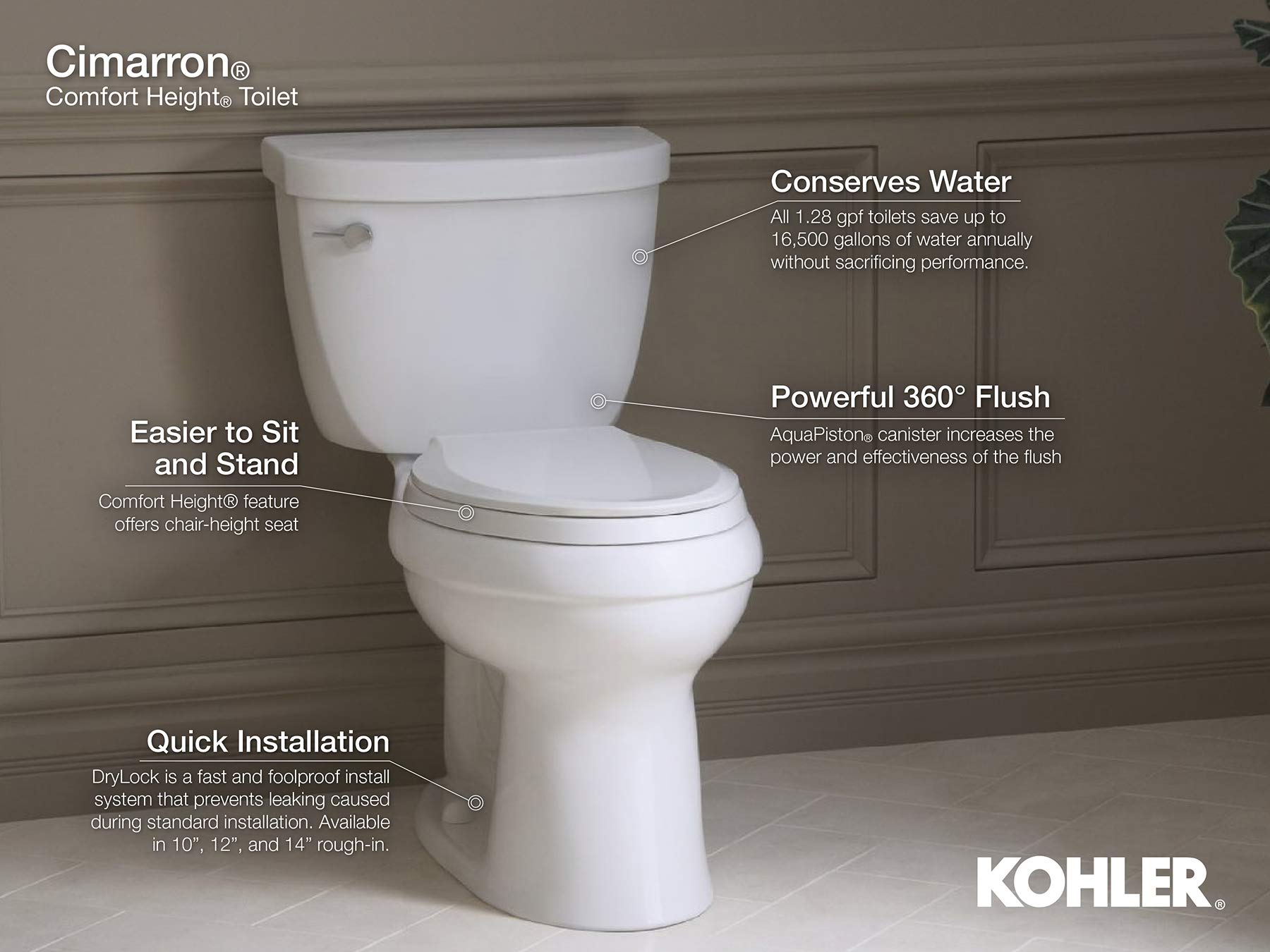 KOHLER 4369-RA-0 Cimarron 1.28 gpf Toilet Tank with AquaPiston Flush Technology and Right-Hand Trip Lever, White