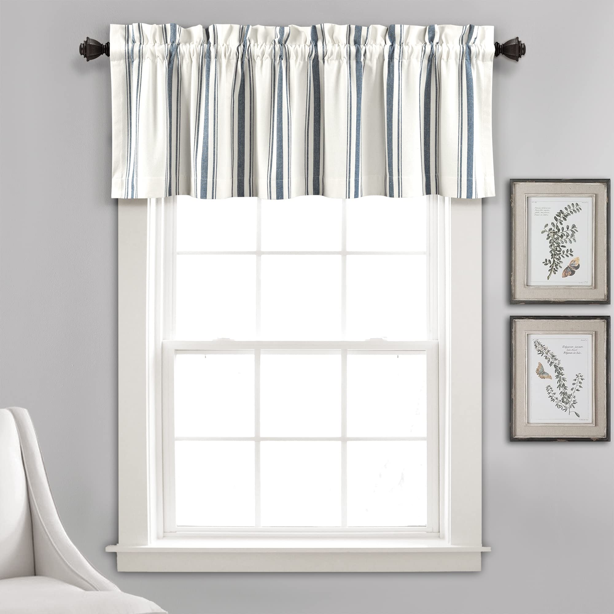 Lush Decor Farmhouse Stripe Yarn Dyed Recycled Cotton Window Curtain Valance, 18" L x 52" W, Navy - Classic Modern Rustic Charm - Eco Friendly Cotton Fabric