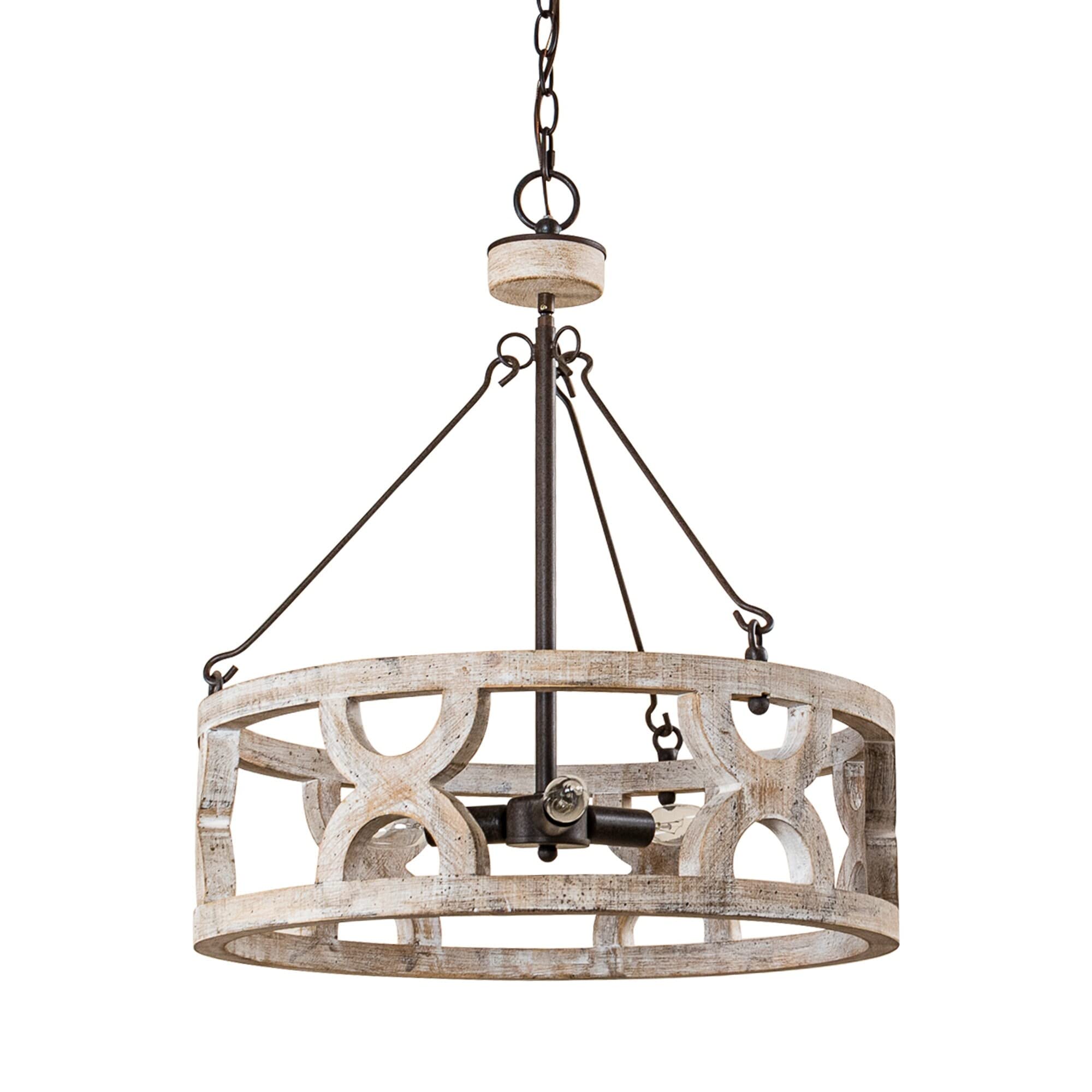 Rustic Distressed White 3-Light Drum Wood Chandelier