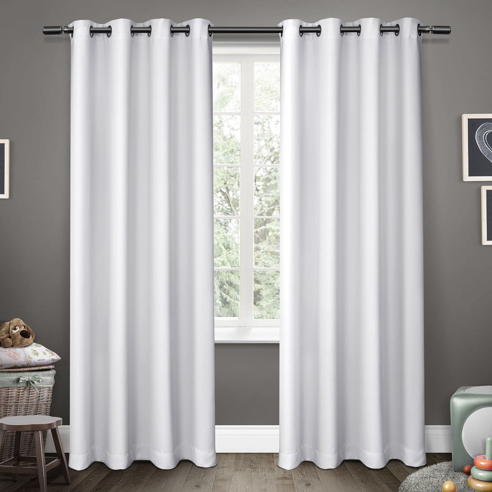 Exclusive Home Sateen Kids Twill Woven Room Darkening Blackout Grommet Top Curtain Panel Pair, 52"x63", Winter White