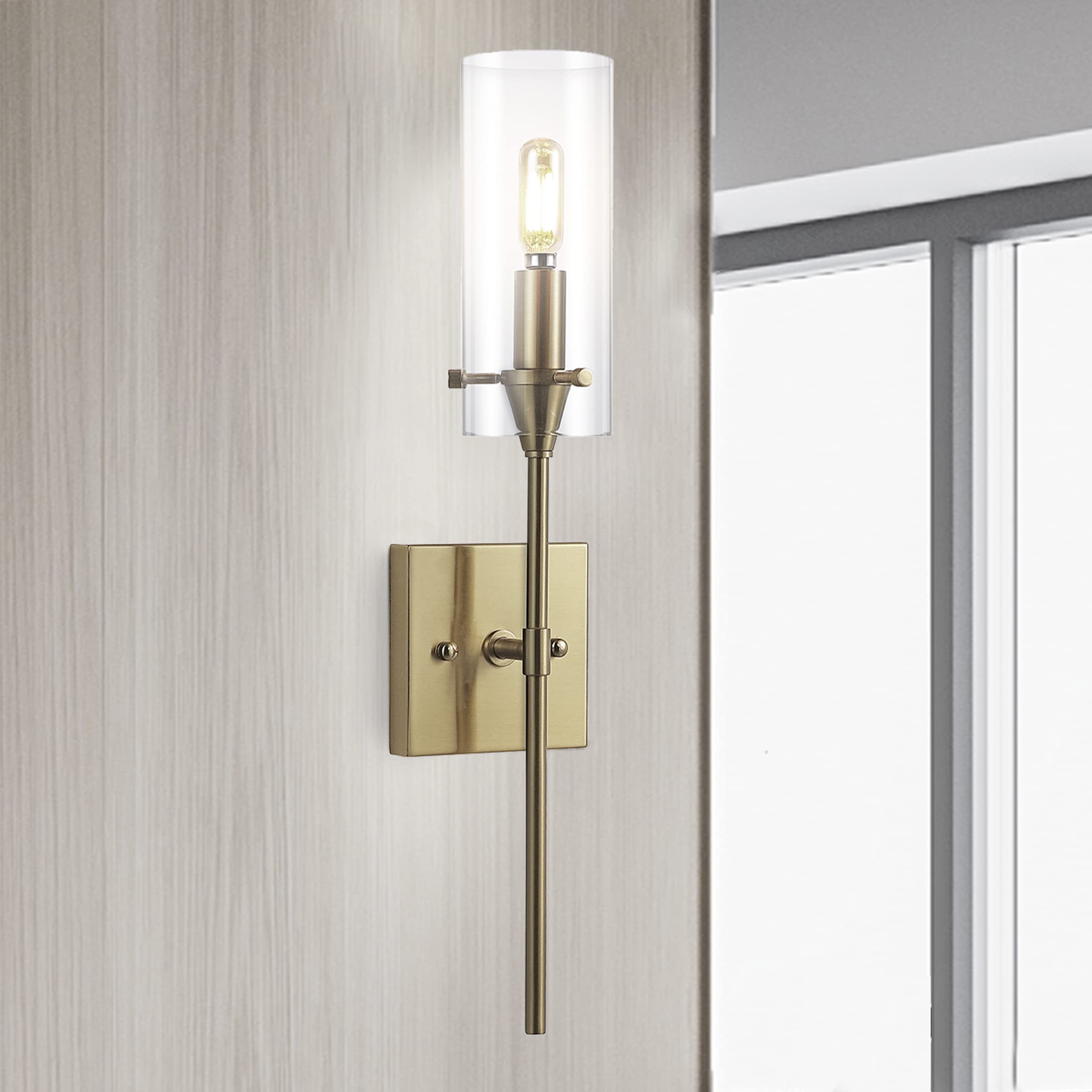 JONATHAN Y JYL7805C Cato 4.5" 1-Light Bohemian Farmhouse Iron/Glass LED Sconce Modern Contemporary 2700K 40W Bulb Entryway Lobby Kitchen Bathroom Bedroom Living Room Hallway, Brass Gold/Clear