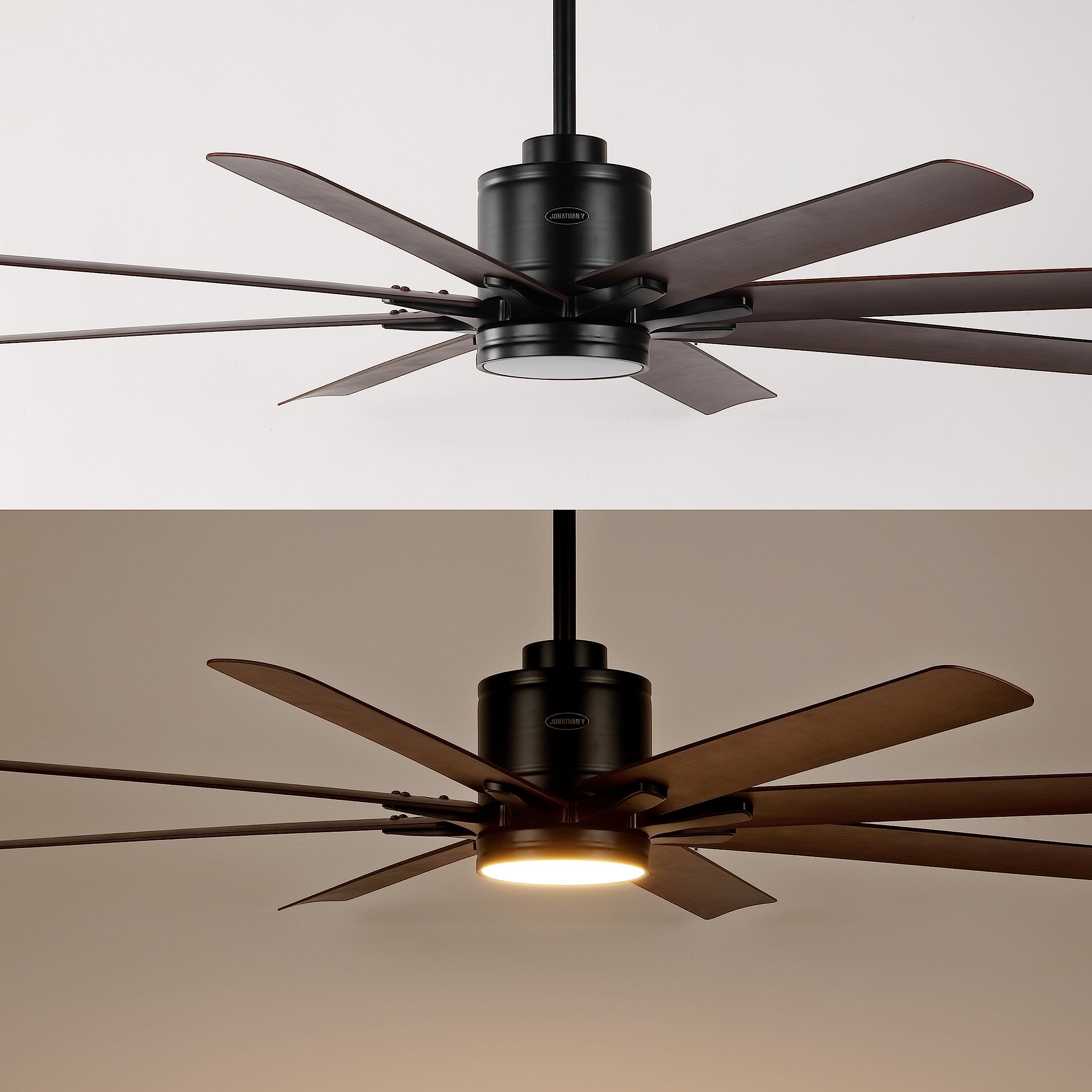 JONATHAN Y JYL9713B Octo 66" 1-Light Contemporary Industrial Iron/Plastic Mobile-App/Remote-Controlled 6-Speed Ceiling Fan with Integrated LED Light, Black/Neutral Brown Wood Finish