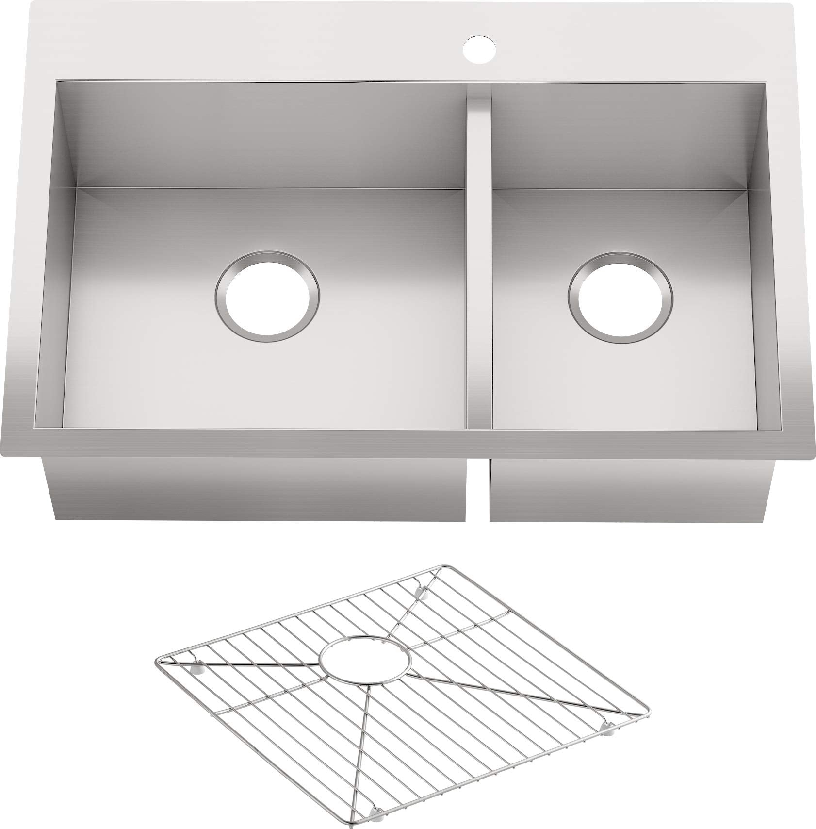 KOHLER Vault 33" Double-Bowl Offset 18-Gauge Stainless Steel Kitchen Sink with Single Faucet Hole K-3823-1-NA Drop-in or Undermount Installation, 9 Inch Bowl