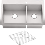 KOHLER Vault 33" Double-Bowl Offset 18-Gauge Stainless Steel Kitchen Sink with Single Faucet Hole K-3823-1-NA Drop-in or Undermount Installation, 9 Inch Bowl