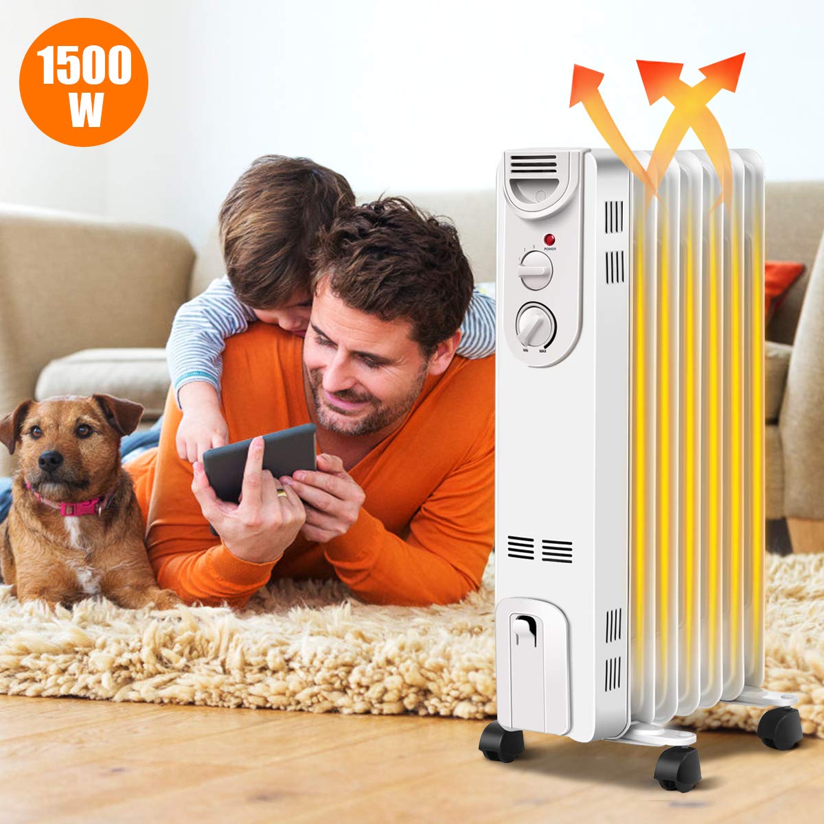 COSTWAY Oil Filled Radiator Heater, 1500W Portable Oil Heaters with 3 Heat Settings, Adjustable Thermostat, Overheat & Tip-Over Protection, Electric Space Heater for Living Room Bedroom Indoor Use