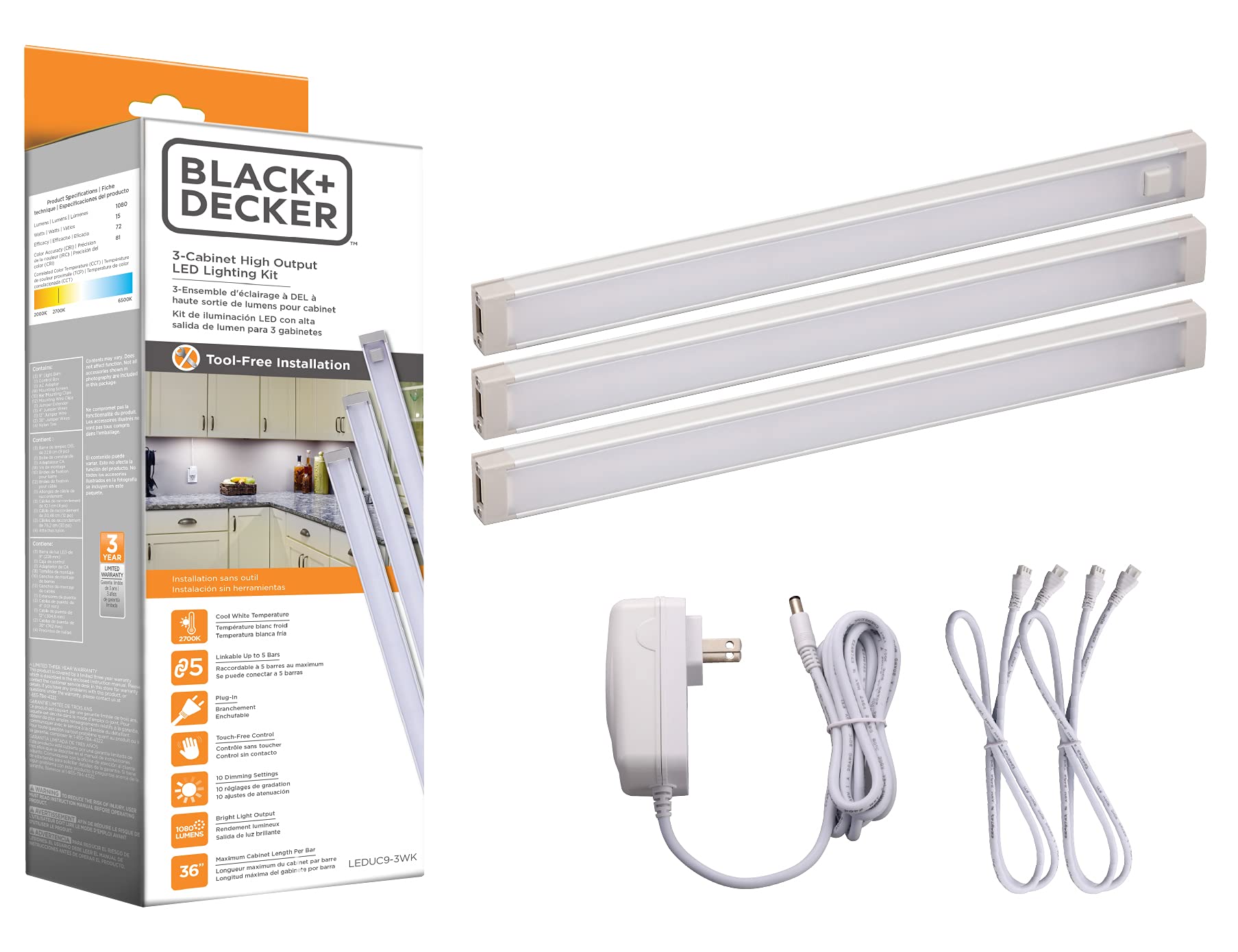 BLACK+DECKER LED Under Cabinet Lighting Kit, 3-Bars, 9 Inches Each, DIY Tool-Free Installation, Warm White, 2700K, 1080 Lumens, 15 Watts, Home Accent (LEDUC9-3WK)