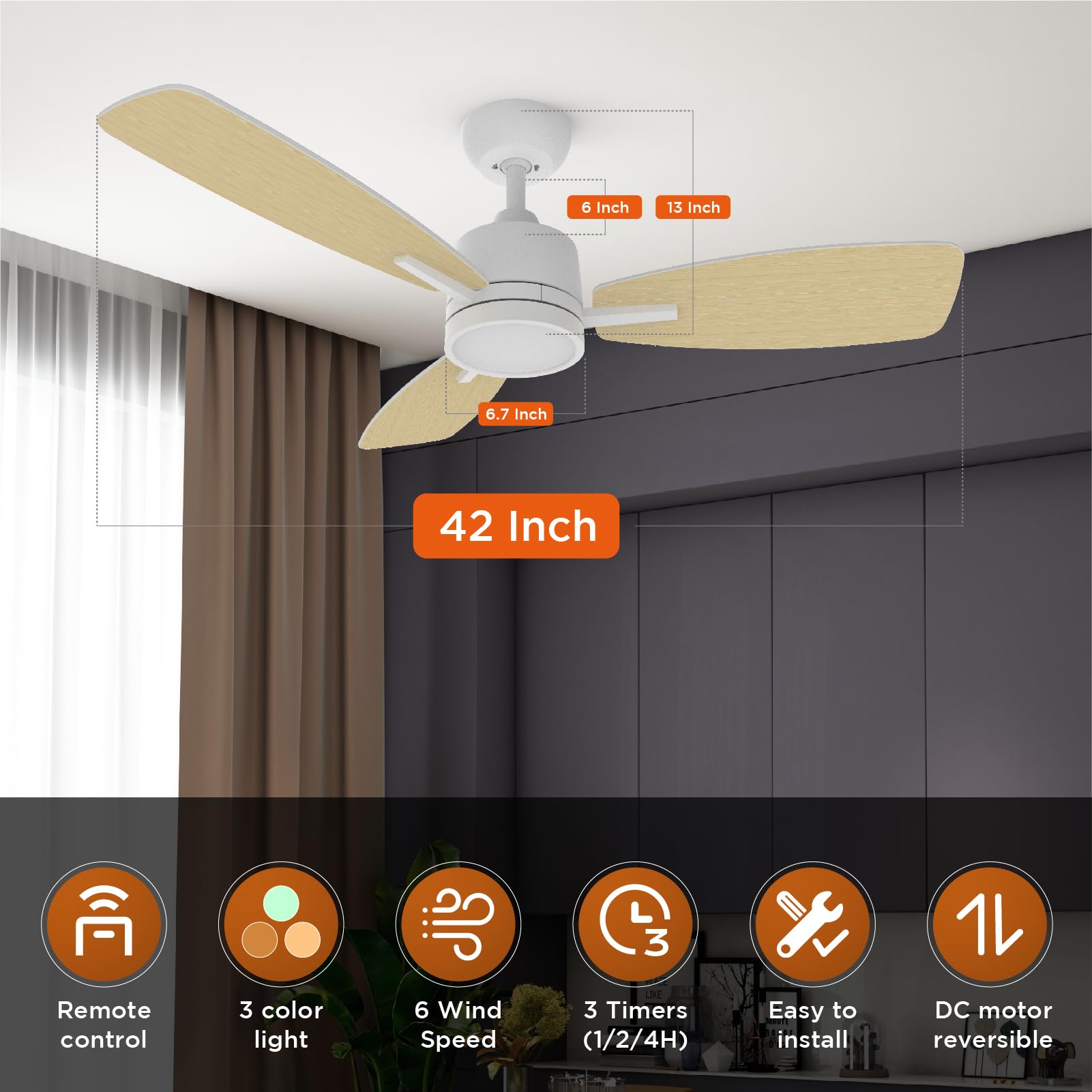 TALOYA 42 Inch Remote Control Ceiling Fan with LED Light, Quiet Reversible 6 Speed DC Motor,Metal,White/Wood Finish Blades,Fan for Living Room, Bedroom,Dining,Office,Patio,Porch