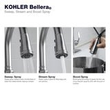 KOHLER Bellera Pull Down Kitchen Faucet, Kitchen Sink Faucet with Pull Down Sprayer, 3-Spray Faucet, Vibrant Stainless, K-560-VS