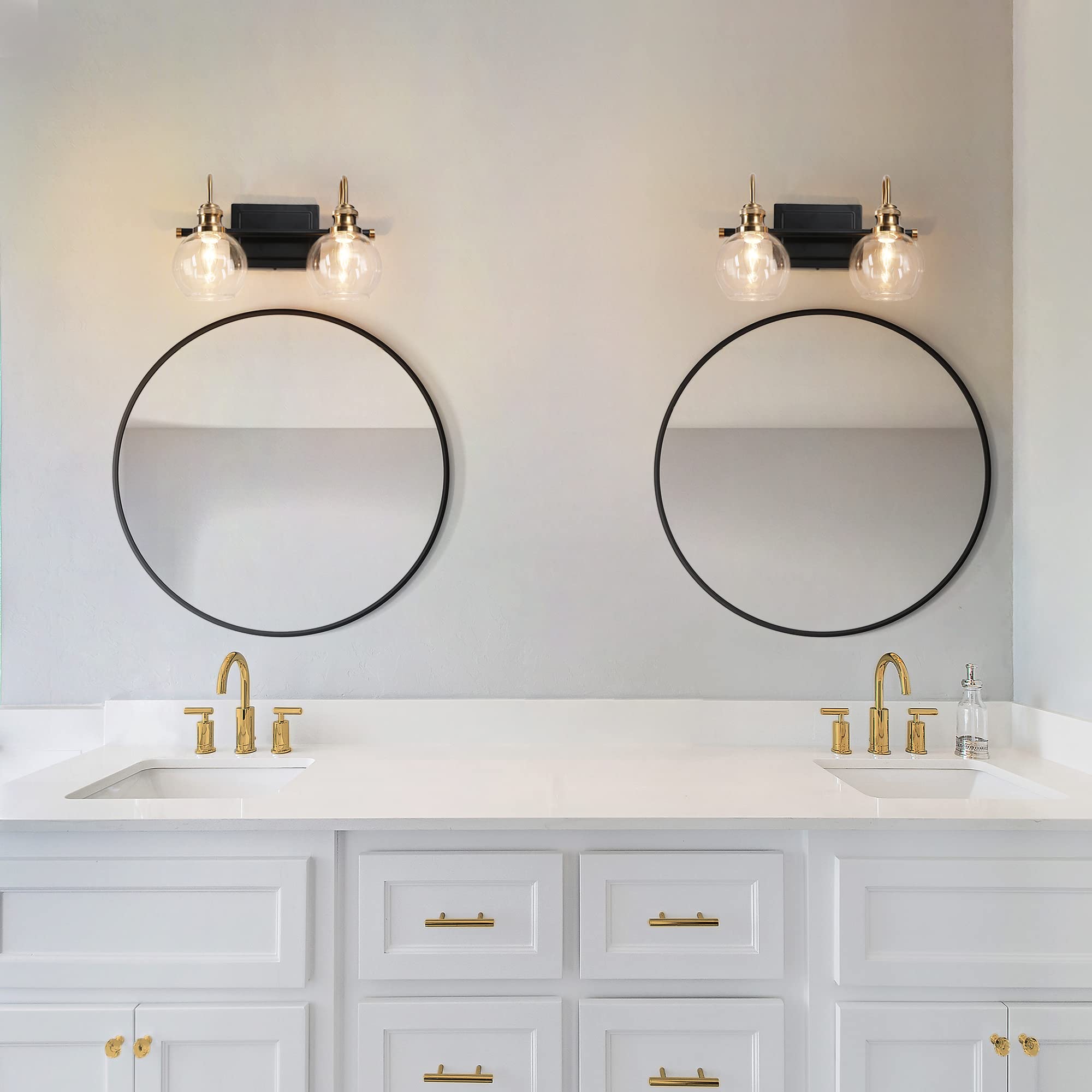 ZEVNI 2-Light Bathroom Lights Over Mirror, Black Gold Vanity Lighting Fixtures with Clear Glass Globes, 14.5" x 7" x 9"