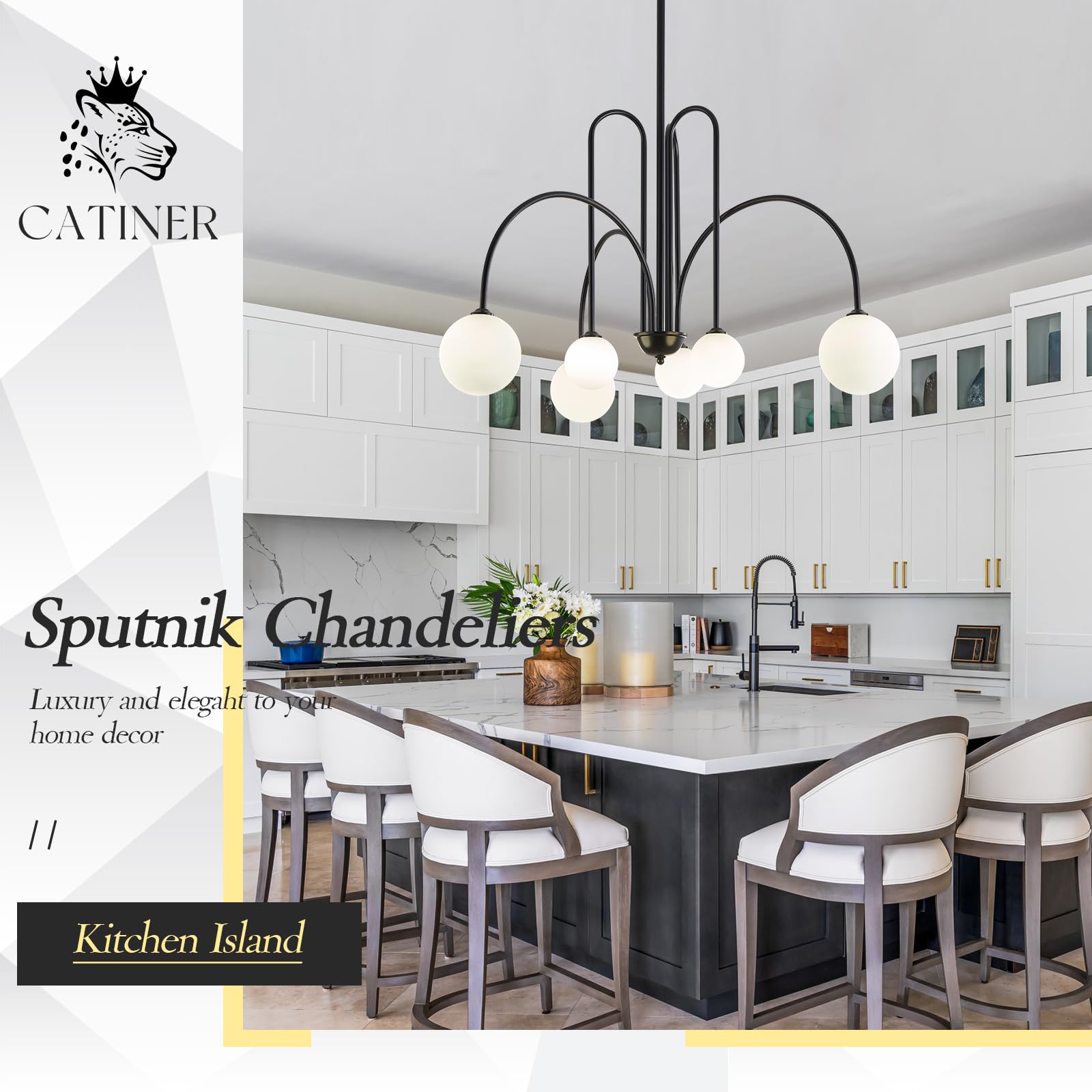 CATINER Modern Black Chandelier 6 Lights Sputnik Chandelier for Dining Room Large L40” Mid Century Ceiling Pendant Light Fixtures with Withe Glass Globe Shades for Foyer Bedroom