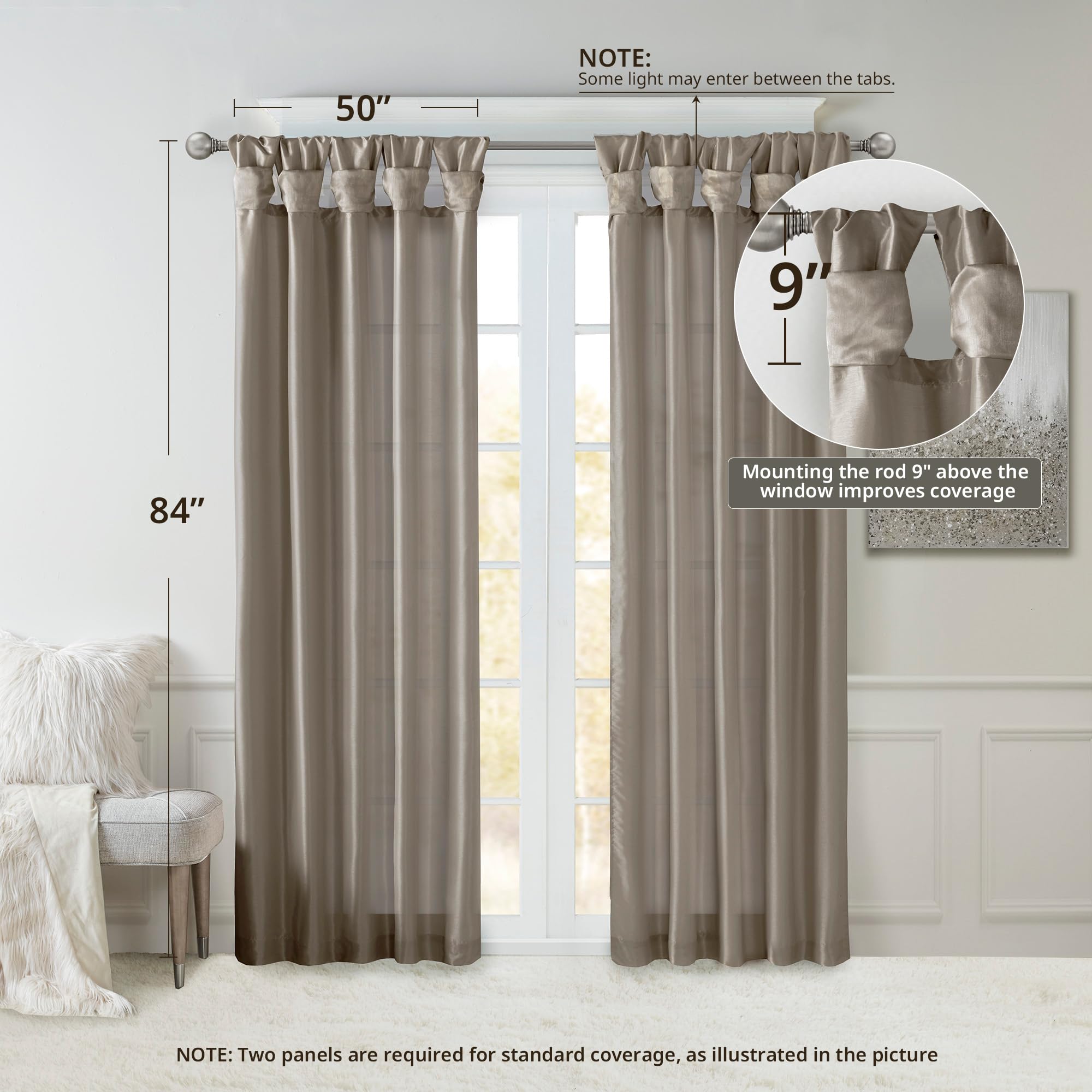 Madison Park Emilia Faux Silk Single Curtain with Privacy Lining, DIY Twist Tab Top, Room Darkening Window Drape for Living Room, Bedroom and Dorm, 95"L x 50"W, Pewter Brown