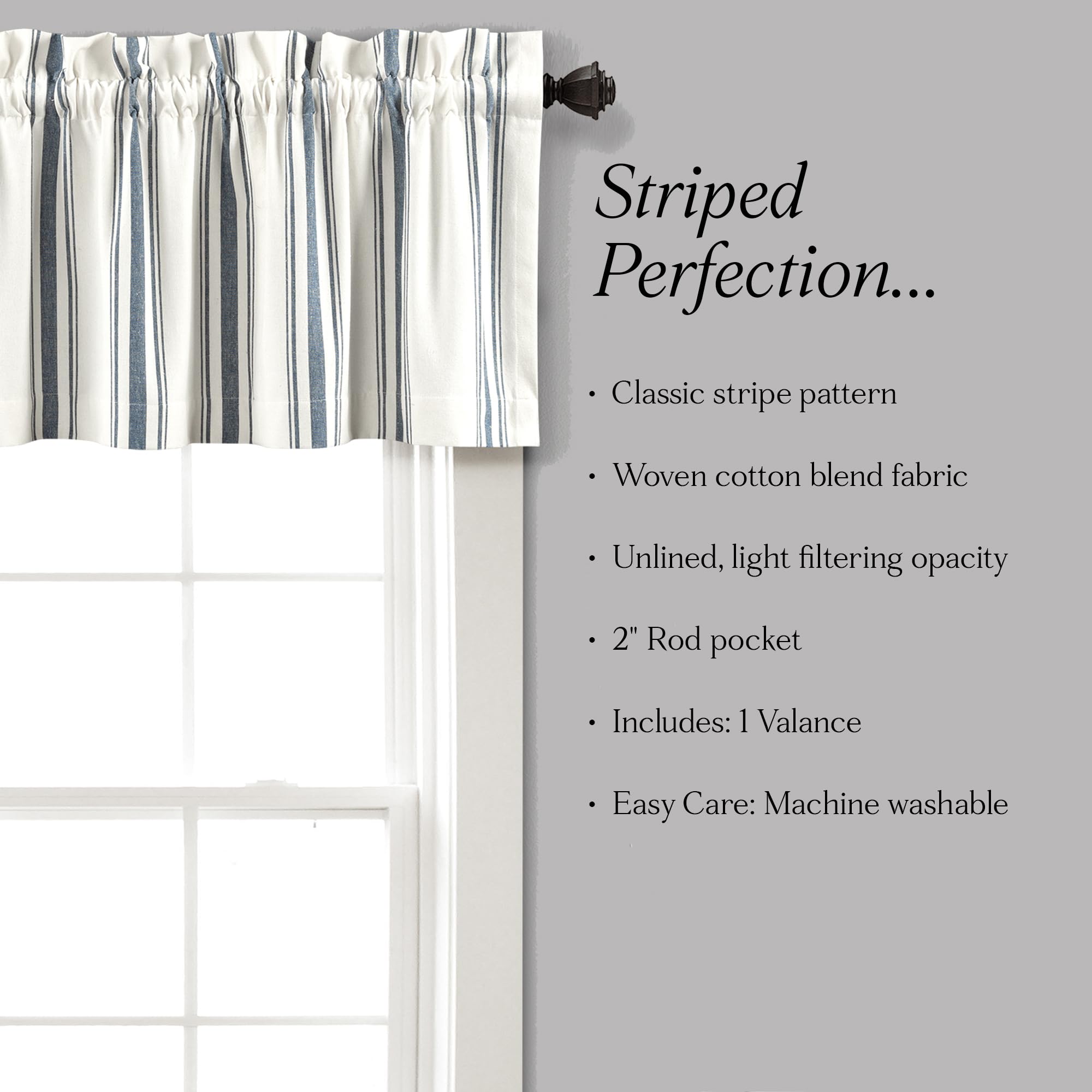 Lush Decor Farmhouse Stripe Yarn Dyed Recycled Cotton Window Curtain Valance, 18" L x 52" W, Navy - Classic Modern Rustic Charm - Eco Friendly Cotton Fabric