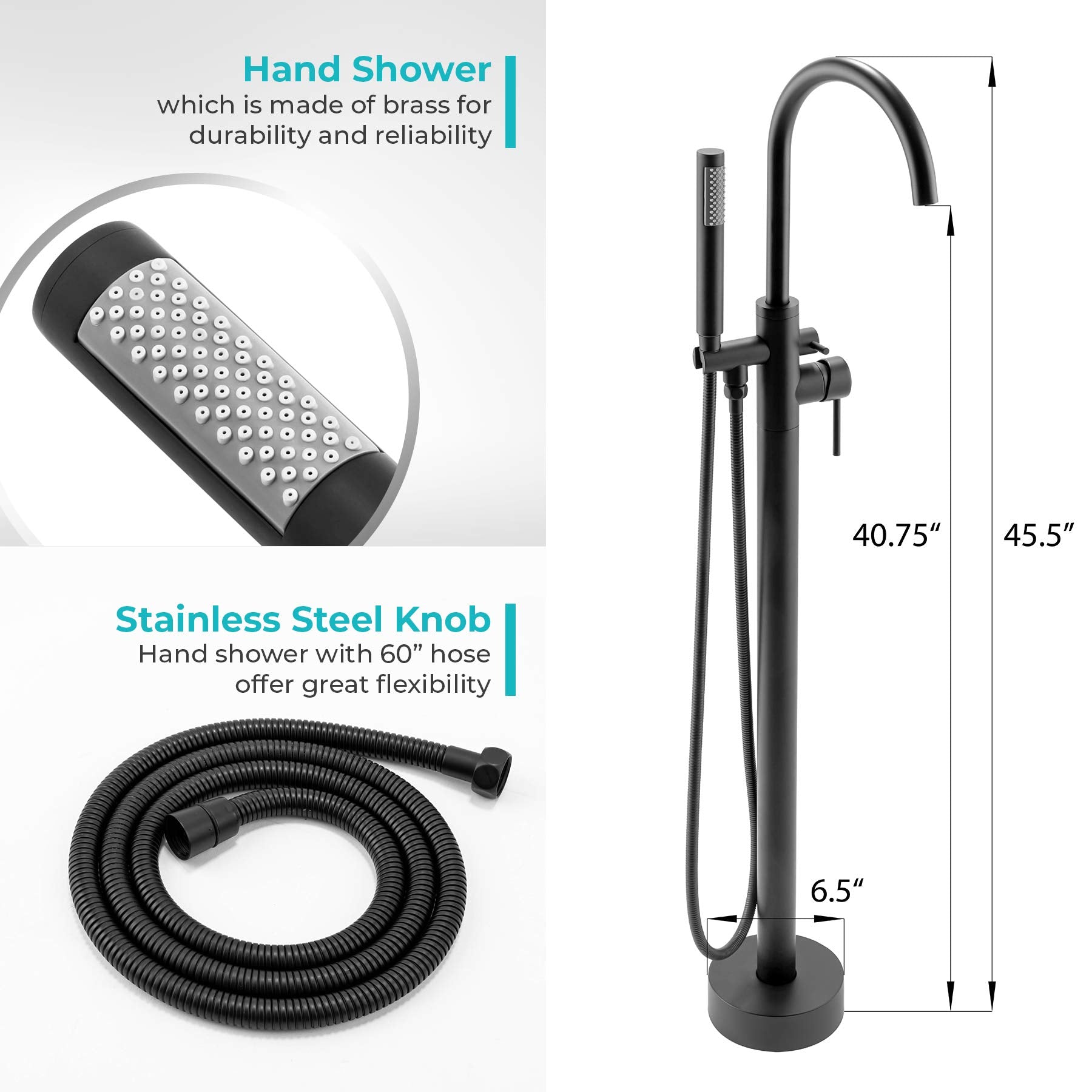 AKDY 46" Freestanding Floor Mounted Bath Tub Filler Faucet w/Wand in Matte