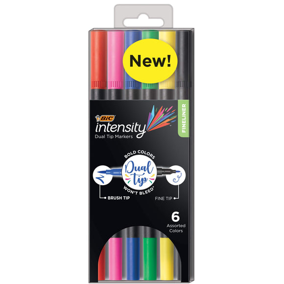 BIC Intensity 2-in-1 Dual Tip Fineliner Pen, Assorted Ink Colors, 6-Count