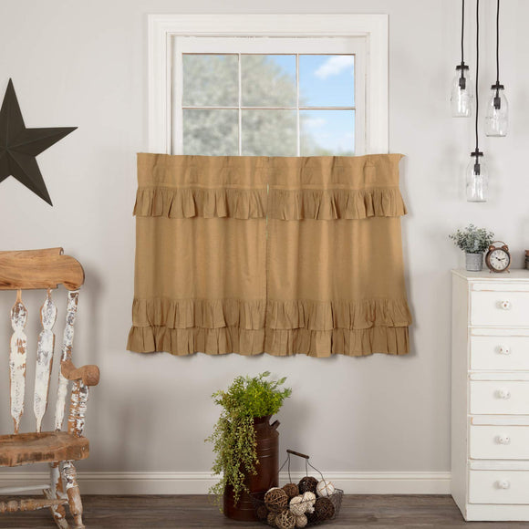 VHC Brands Simple Life Flax Solid Color Cotton Linen Blend Farmhouse Kitchen Curtains Rod Pocket Hanging Loops 36x36 Tier Pair, Khaki Tan