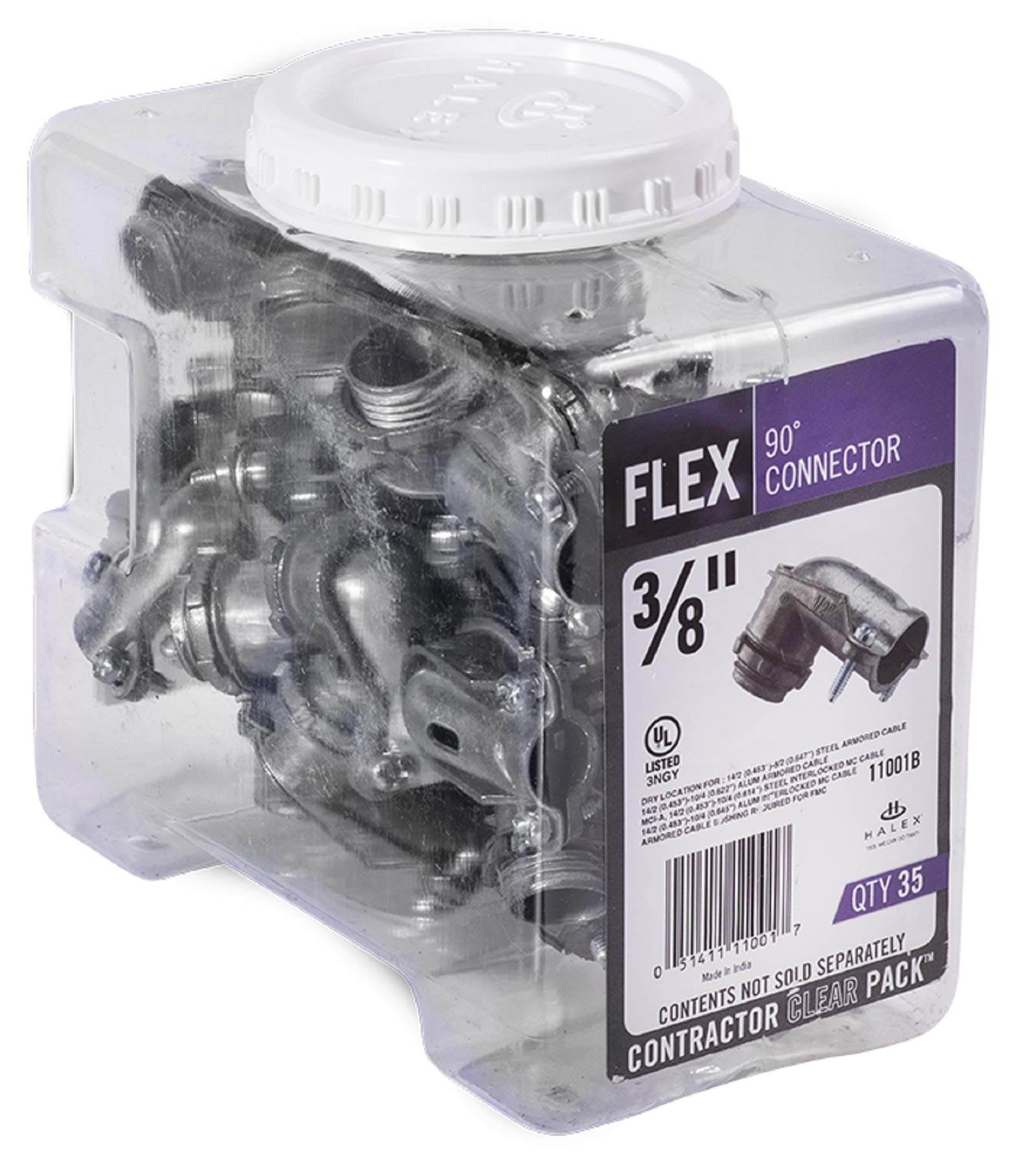 Halex �3/8 Inch FLEX 90 Degree Connector (1/2 Inch KO) Silver � 11001B - 35 Per Pack