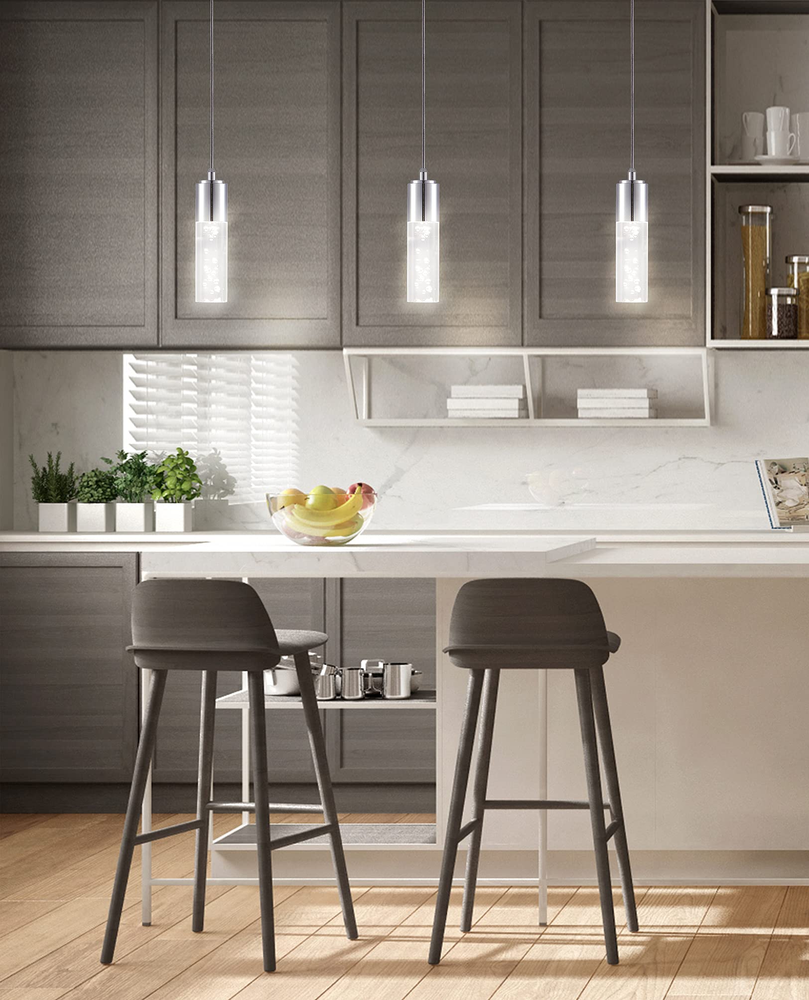 JONATHAN Y 4.75" Chrome Modern Integrated LED Pendant Light for Kitchen Island, Bubble Acrylic Cylinder Shade, Adjustable Hanging Ceiling Fixture for Dining Room, 4000K JYL7221A