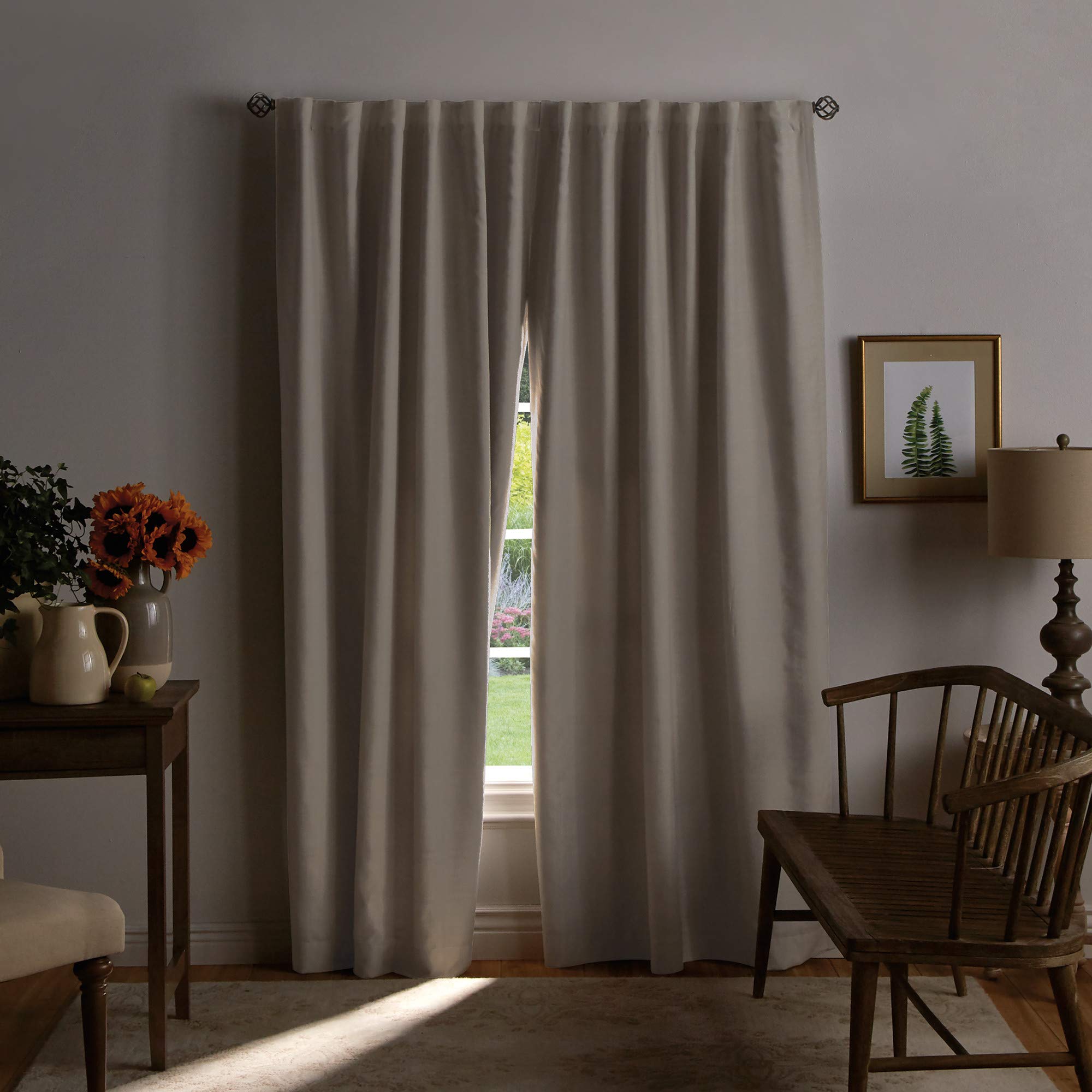 MARTHA STEWART Bedford Woven Plaid Blackout Back Tab Window Curtain Panel Pair, 95", Linen