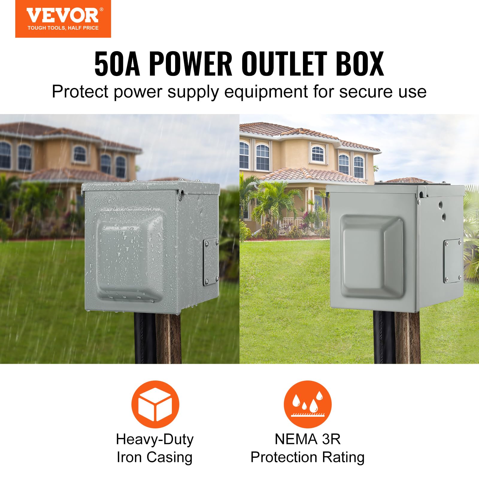 VEVOR 50 Amp RV Power Outlet Box, 125/250 Volt, Enclosed Lockable Outdoor RV Receptacle Box, NEMA 14-50R Weatherproof Electrical Panel, for RV Camper Trailer Motorhome Tested