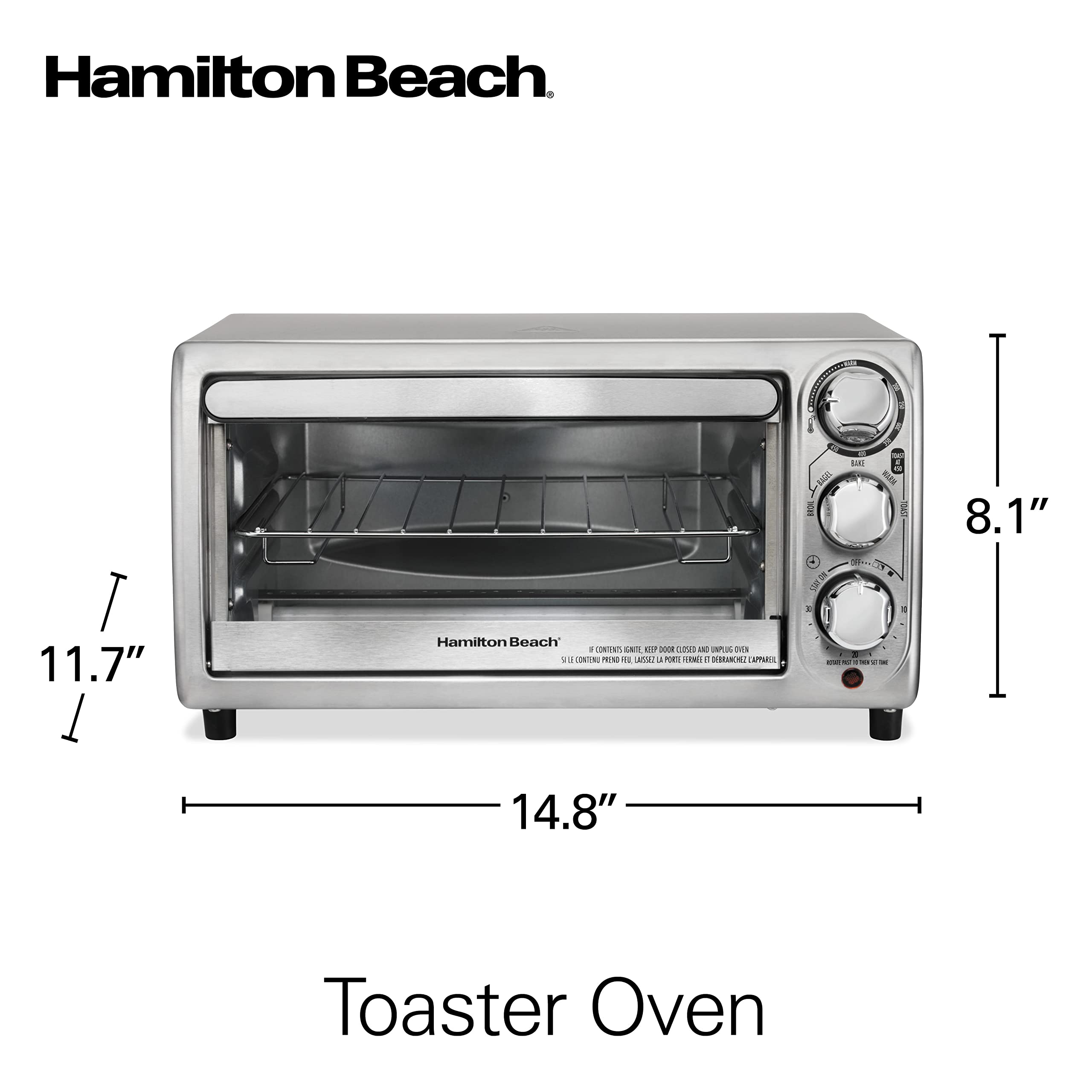 Hamilton Beach 4-Slice Countertop Toaster Oven with Bake Pan, Broil & Bagel Functions, Auto Shutoff, Stainless Steel (31143)