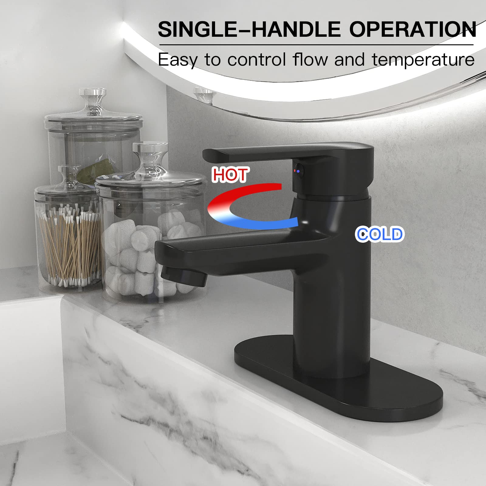 BWE Single Hole Matte Black Bathroom Faucet Single Handle Vanity Faucet with Pop Up Drain Stopper and Faucet Supply Hose Commercial Bathroom Sink Faucet Modern RV Lavatory Basin Mixer Tap