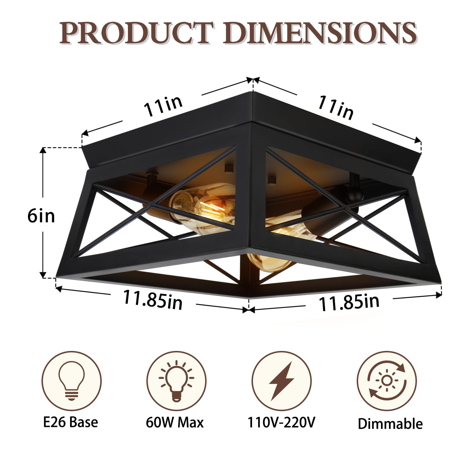 2-Light Black Flush Mount Ceiling Light, 2 Bulb Farmhouse Ceiling Light Fixture for Closet Hallway Kitchen Dinning Room 12 Inch Industrial Square Light Fixture Ceiling Mount, E26, Dimmable