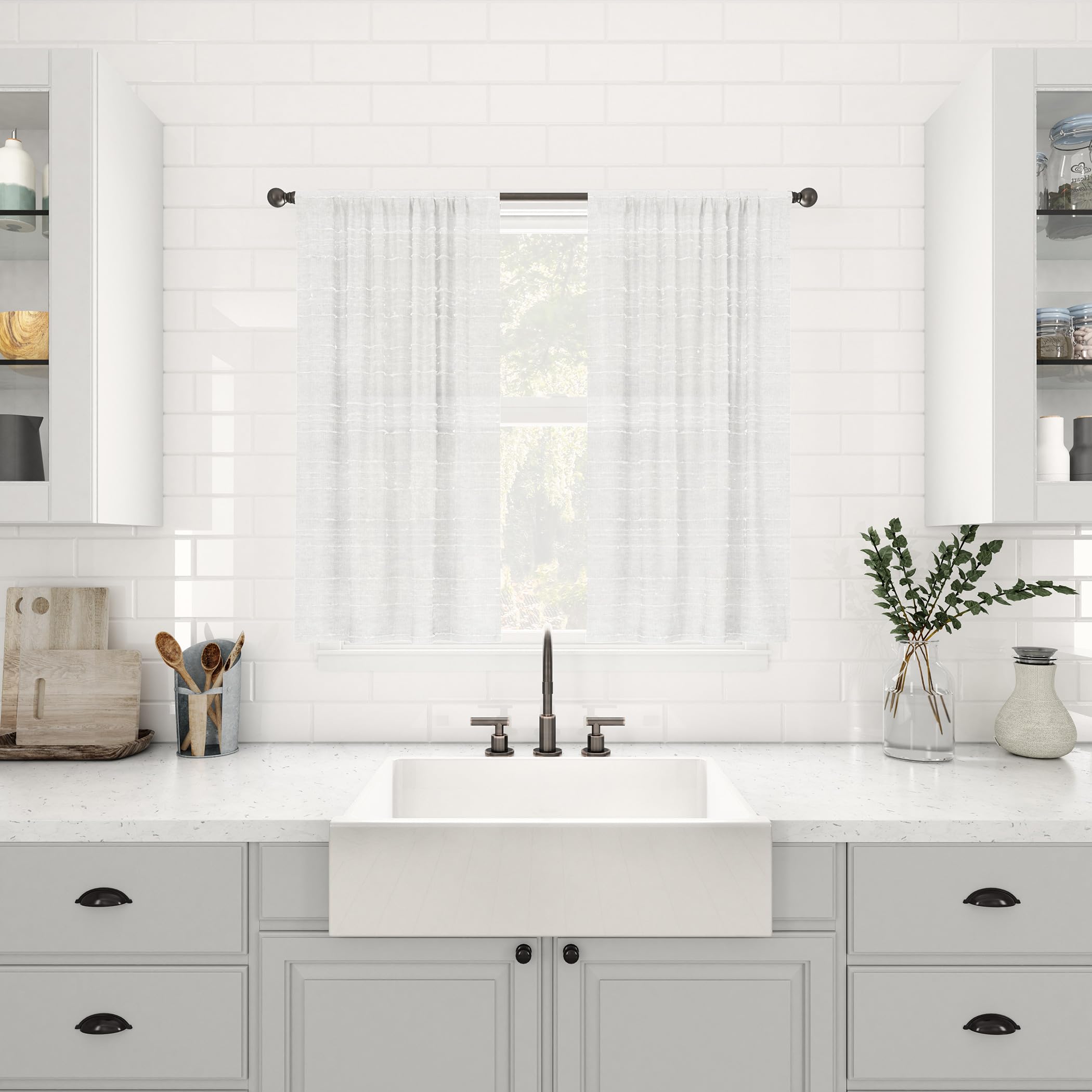Clean Window Textured Slub Stripe 2-Pack Anti-Dust Allergy/Pet Friendly Sheer Cafe Curtain Pair, White, 52" W x 24" L (2 Panels)