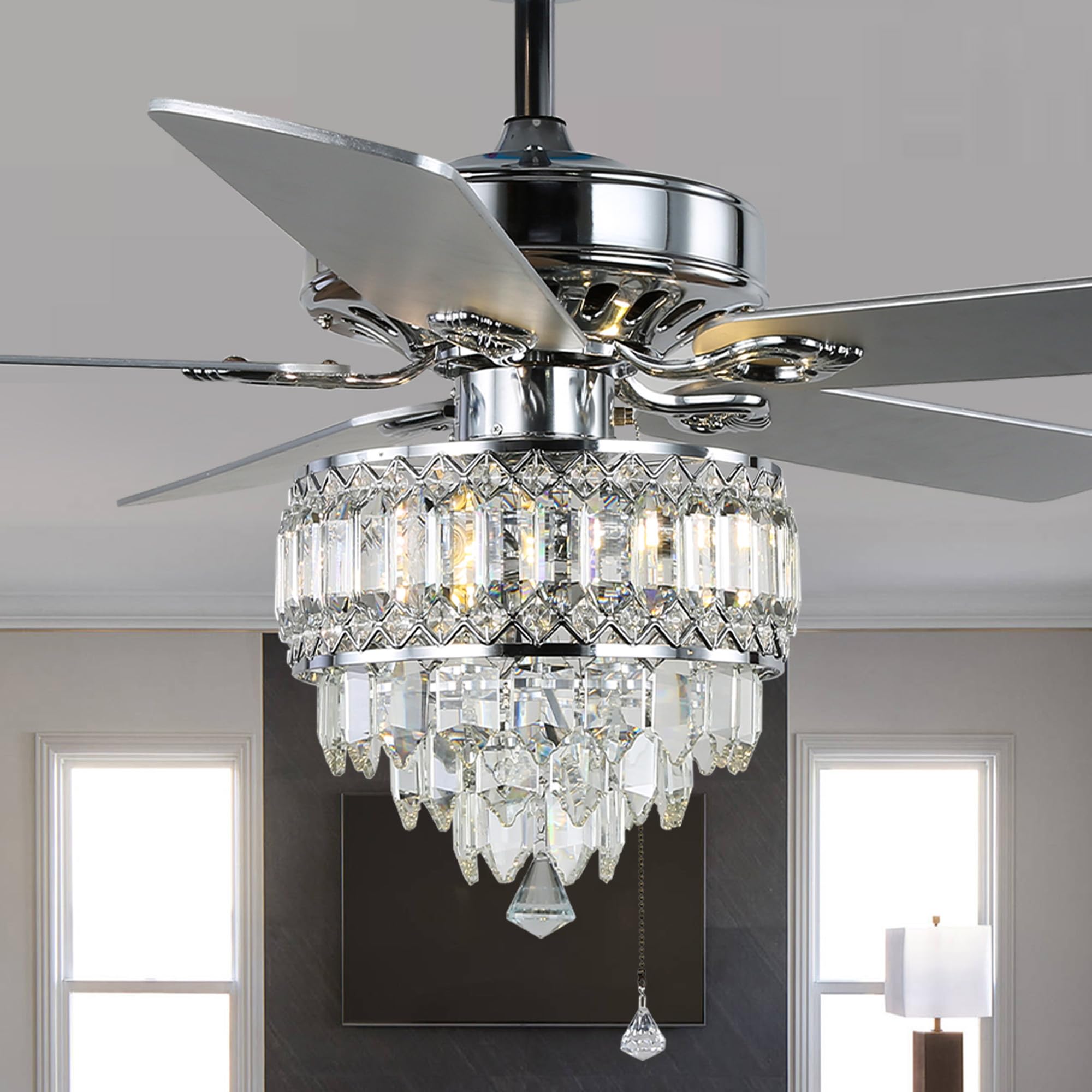 Oaks Aura 52 Inch Crystal Chandelier Ceiling Fan Chrome Gorgeous Modern Reversible Ceiling Fan Light Fixture with Remote for Dining Room,Living Room,Bedroom