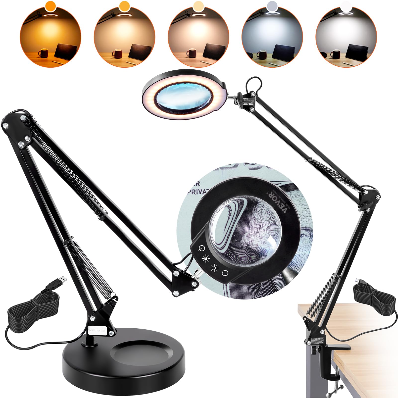 VEVOR Magnifying Glass with Light and Stand, 5X Magnifying Lamp, 4.3" Glass Lens, Base and Clamp 2-in-1 Desk Magnifier with Light, 64 LED Lights 5 Color Modes, for Close Work Reading Repair Crafts