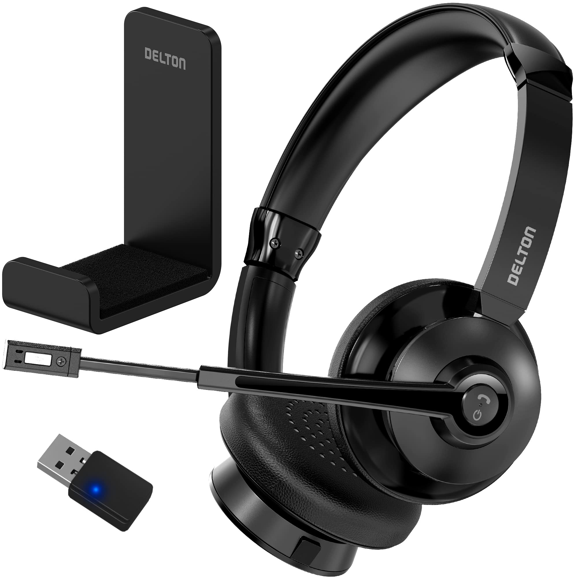 Delton 30X Bluetooth Computer Headset with Noise Canceling Mic, HiFi Stereo Sound, Headset Stand & Auto Pair USB Dongle for PC, Laptop, MacBook & Compatible with MS Team, Google Meet and More - Black