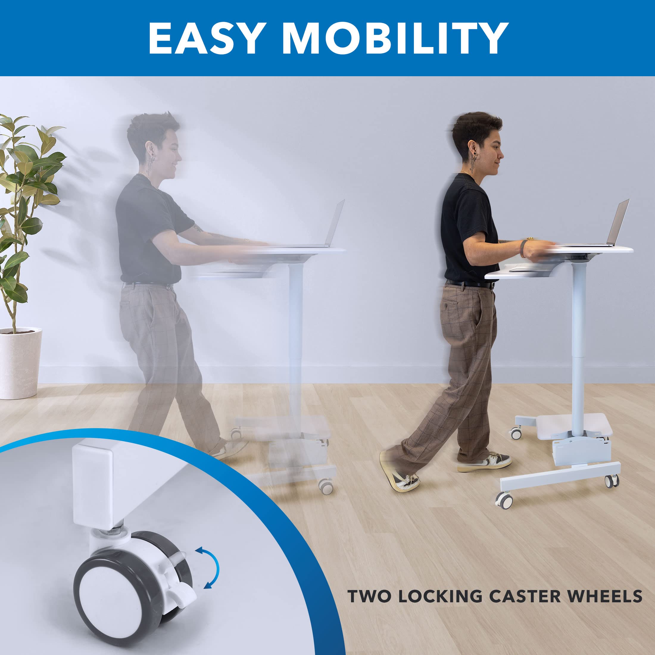 Mount-It! Mobile Rolling Small Table, Height Adjustable up to 43" Computer Desk with Wheels, Medical Nurse Hospital Workstation, Printer CPU Shelves, White Office Portable Computer Cart Keyboard Tray