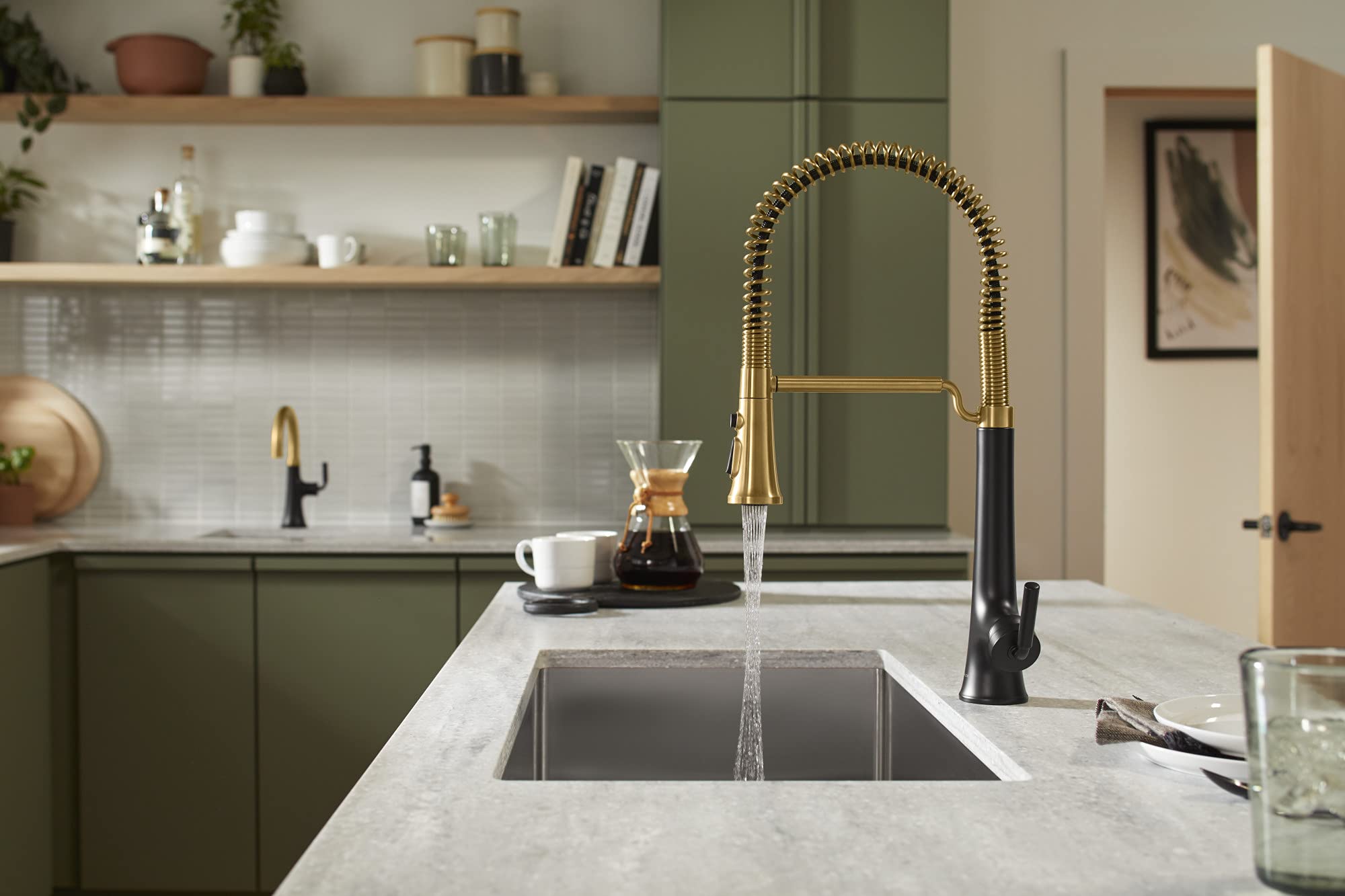 KOHLER 23765-BMB Tone Semi Professional Kitchen Faucet, Matte Black Moderne Brass