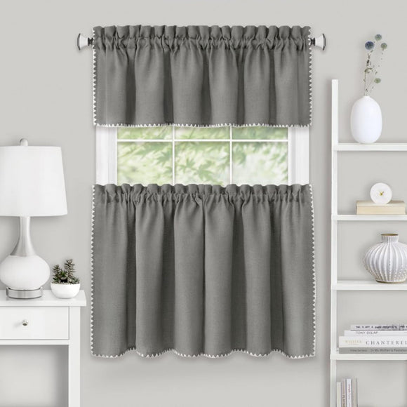 Kendal Tier and Valance Window Curtain Set - 52 Width, 24 Length, 1.5 Inch Rod Pocket - Grey/White - Soft Light Filtering Fabric with Shell Stitch Embroidery & Machine Washable by Achim Home Decor