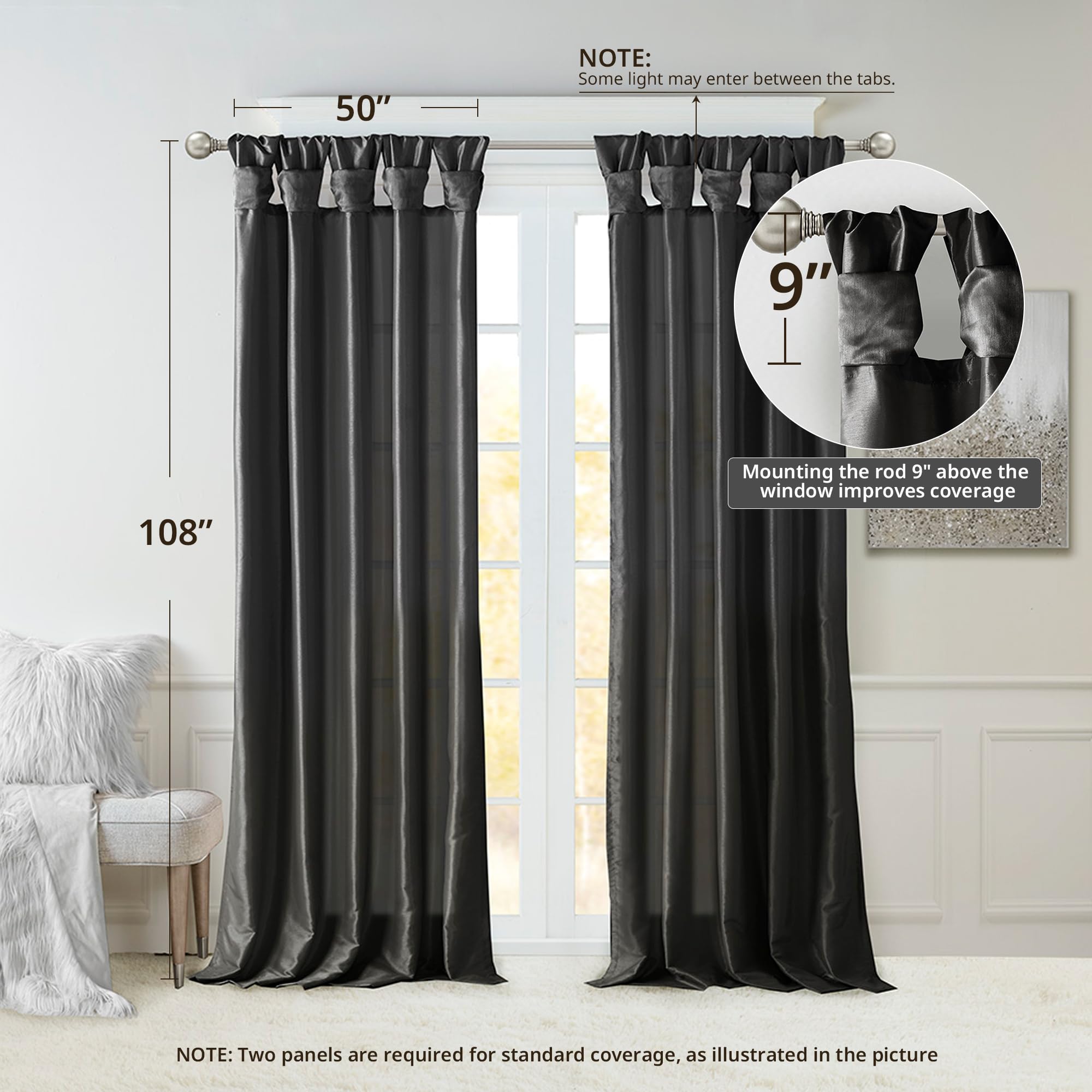 Madison Park Emilia Faux Silk Single Curtain with Privacy Lining, DIY Twist Tab Top, Room Darkening Window Drape for Living Room, Bedroom and Dorm, 108" L x 50" W, Black