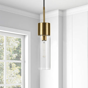 Henn&Hart Lance 3.5" Wide Pendant with Glass Shade in Brass/Clear, Pendant, Flush Mount Ceiling Light Fixture for Kitchen, Living Room