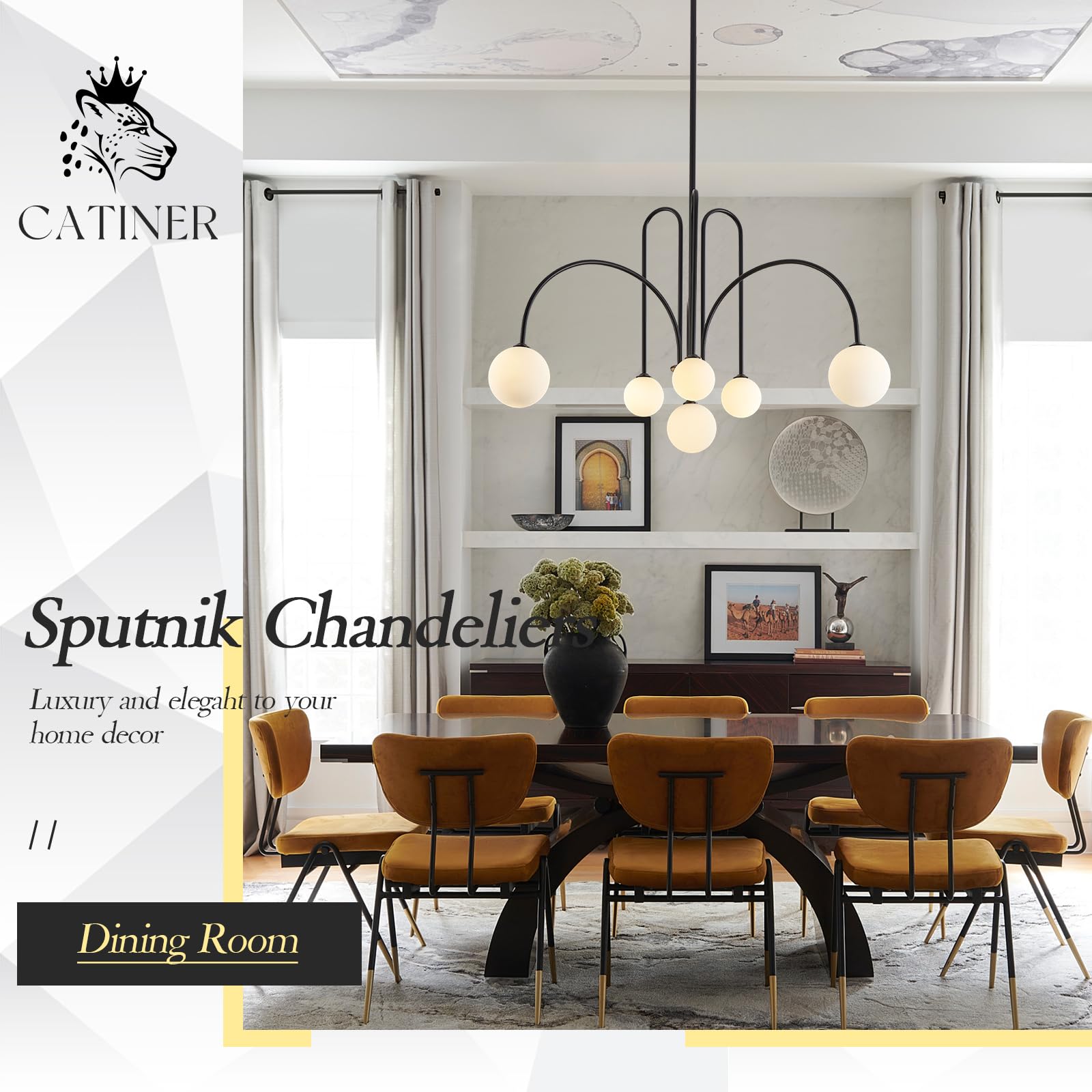 CATINER Modern Black Chandelier 6 Lights Sputnik Chandelier for Dining Room Large L40” Mid Century Ceiling Pendant Light Fixtures with Withe Glass Globe Shades for Foyer Bedroom