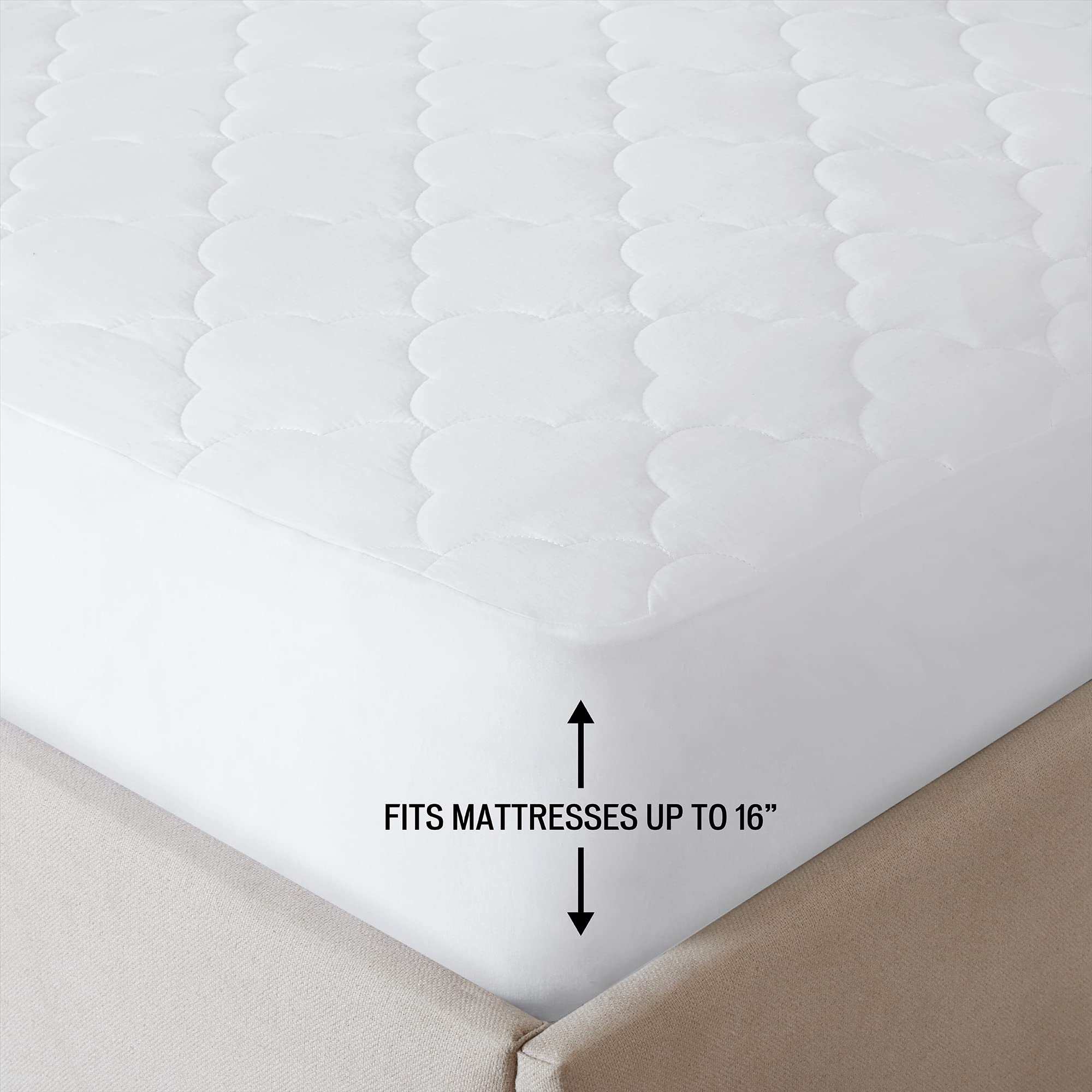 Sleep Philosophy Cotton Mattress Pad, Classic Cloud Quilted All Natural Top, Breathable Bed Protector Topper Fitted Pocket Fits Up to 16 Inch, Machine Washable, White Full