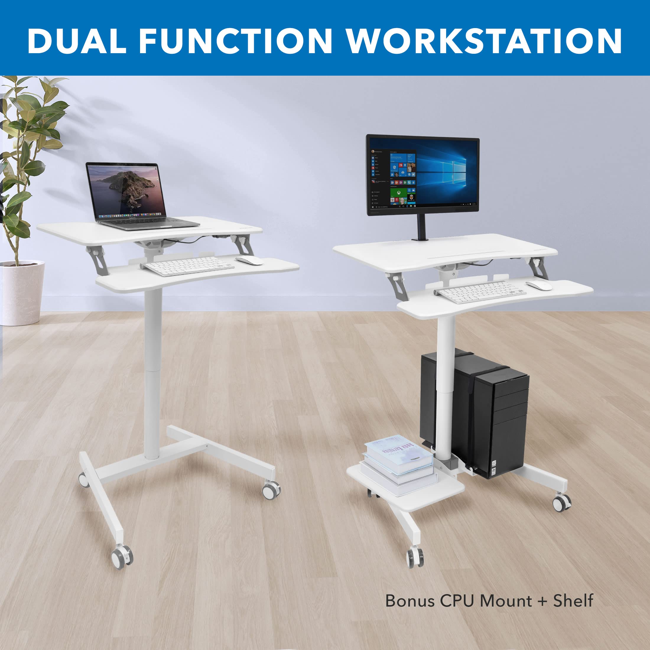 Mount-It! Mobile Rolling Small Table, Height Adjustable up to 43" Computer Desk with Wheels, Medical Nurse Hospital Workstation, Printer CPU Shelves, White Office Portable Computer Cart Keyboard Tray