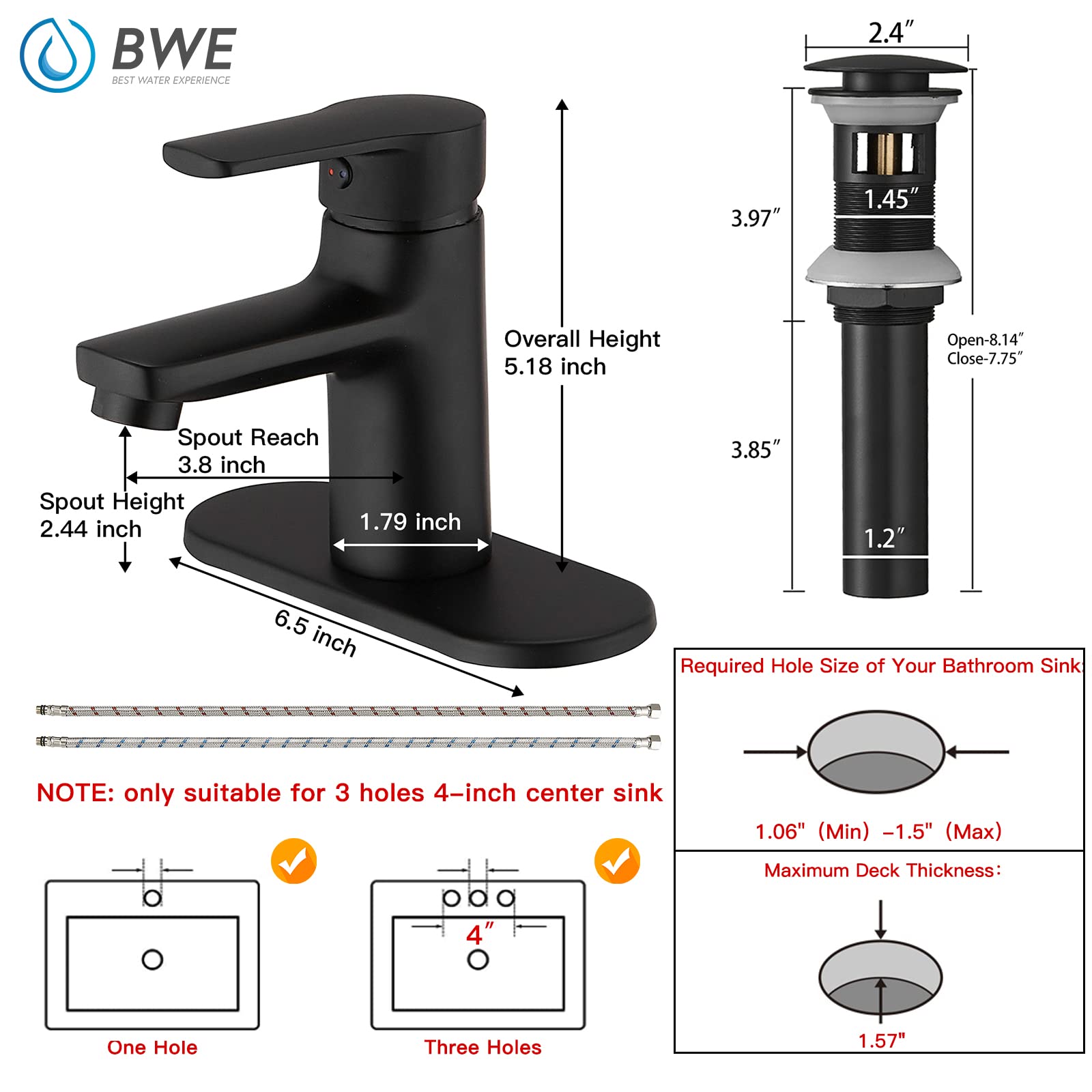 BWE Single Hole Matte Black Bathroom Faucet Single Handle Vanity Faucet with Pop Up Drain Stopper and Faucet Supply Hose Commercial Bathroom Sink Faucet Modern RV Lavatory Basin Mixer Tap