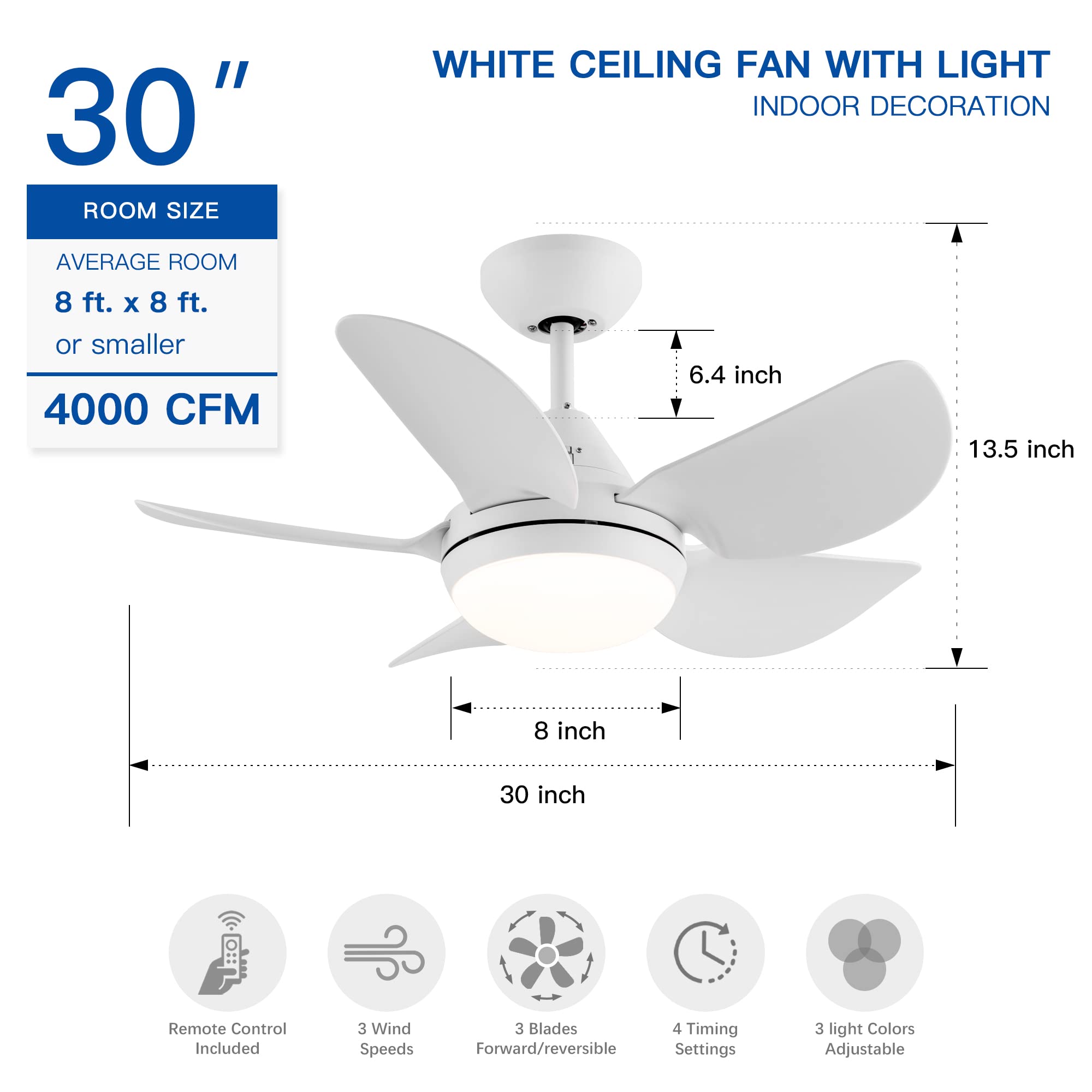 Minmup 30 Inch White Ceiling Fans with Lights and Remote with 5 Reversible Blades, Noiseless DC Motor Ceiling Fan with 3 Speeds, Timer for Living Room, Bedroom, Patio