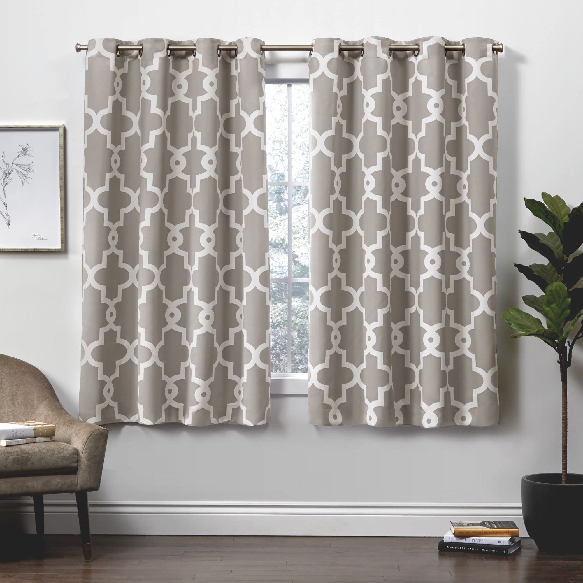 Exclusive Home Ironwork Sateen Woven Room Darkening Blackout Grommet Top Curtain Panel Pair, 52"x63", Silver