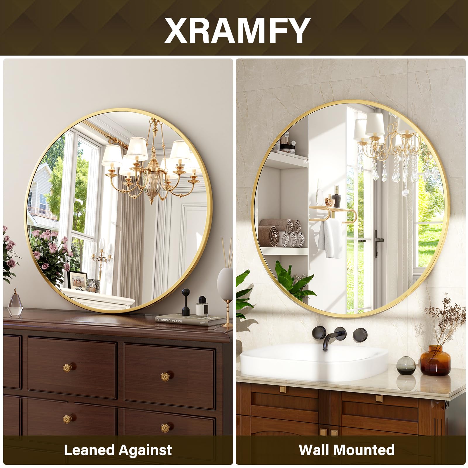 XRAMFY 36 Inch Round Gold Metal Wall Mirror - Stylish Circle Mirror for Entryway, Bathroom, and Living Room Decor | Matte Gold Circle Wall Mirror